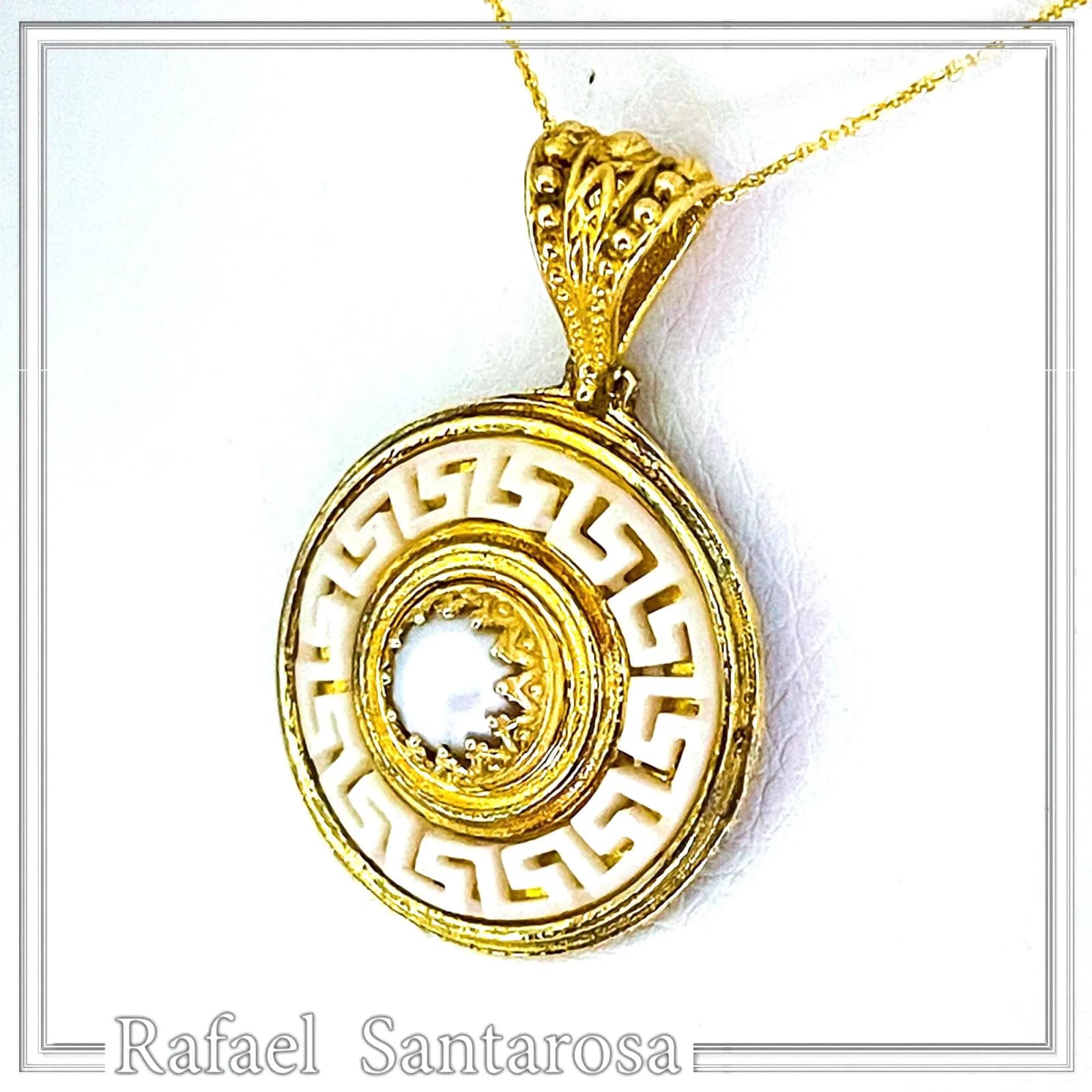 Greek Key Maiandros Sculptured on Marble Necklace: Sterling Silver 18K Gold Filled, Natural Pearl — Necklaces from Rafael Santarosa Fine Jewelry