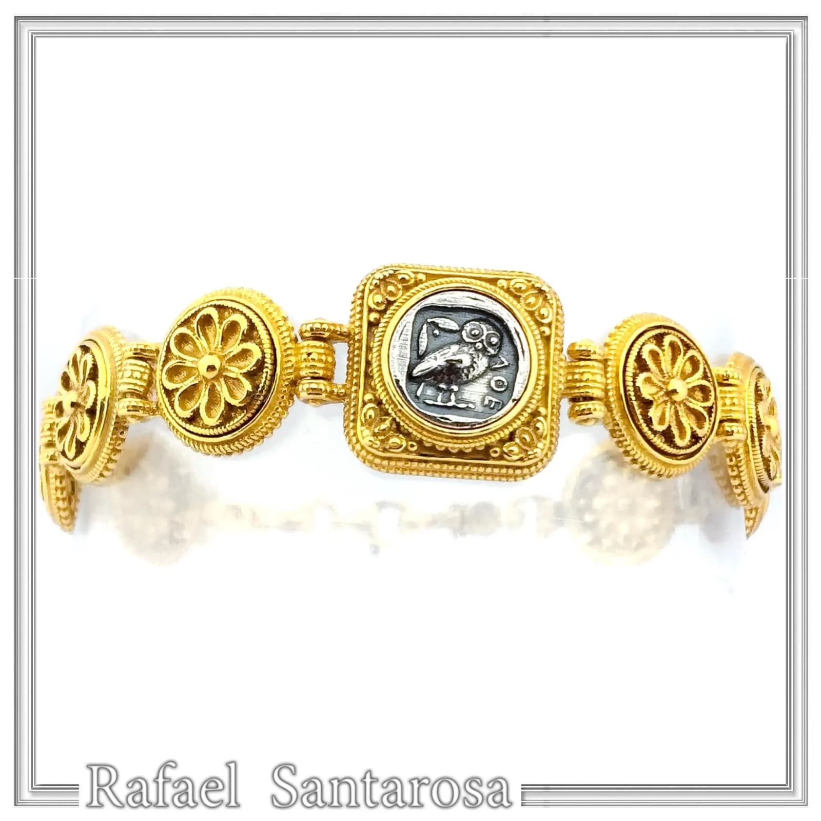Tetradrachm Owl Coin Ancient Greek style Beaded Bracelet: 18k Gold Filled & Oxidized Sterling Silver — Bracelets from Rafael Santarosa Fine Jewelry