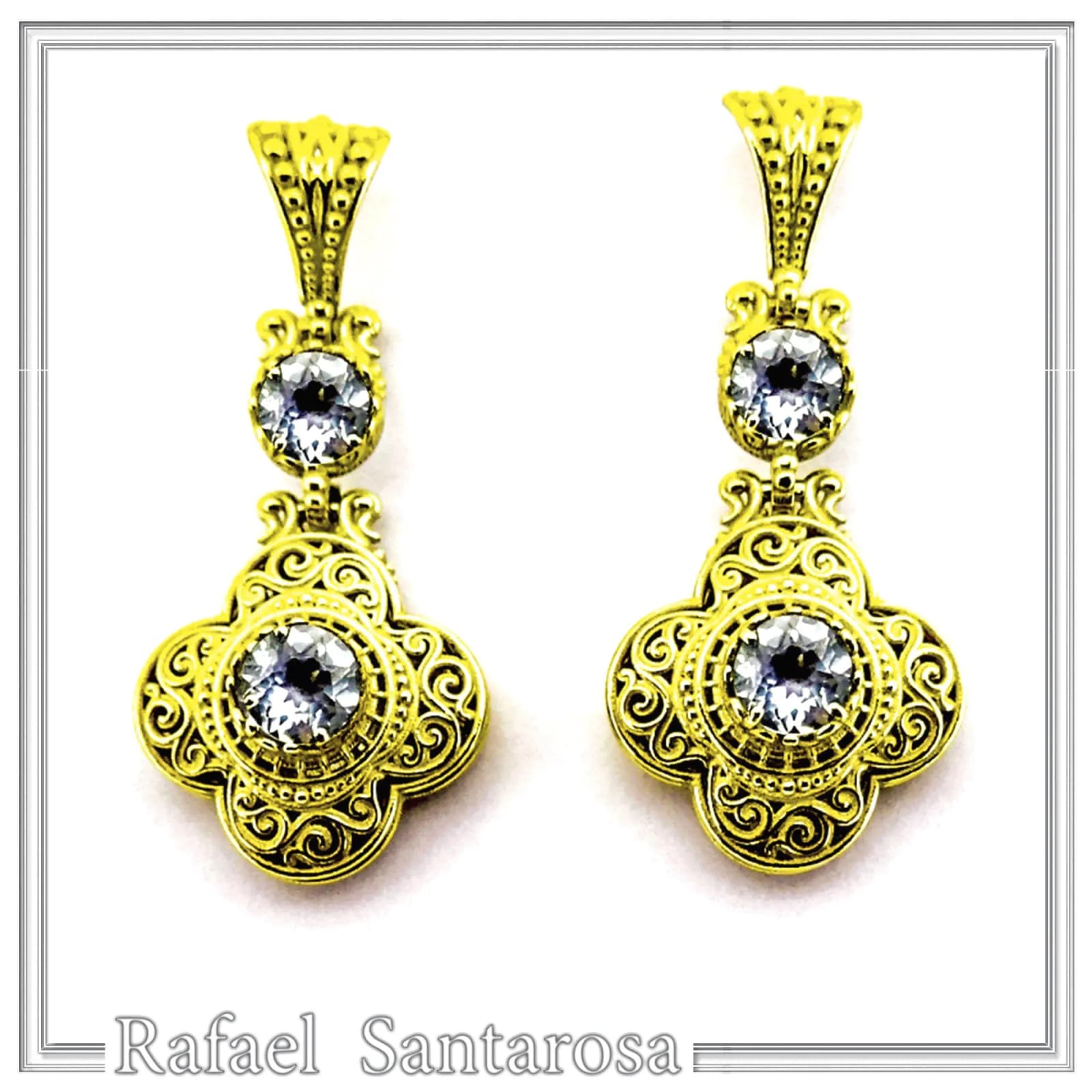 18K Solid Gold Filigree Byzantine Dangle Earrings with Natural Sky-Blue Topaz Brilliant Cut — Earrings from Rafael Santarosa Fine Jewelry
