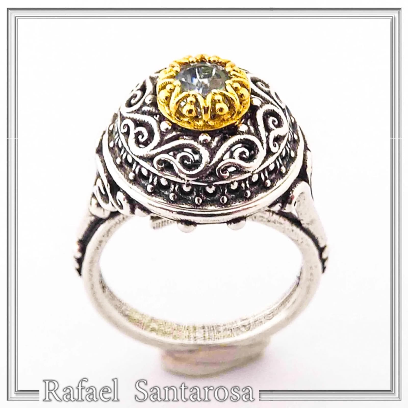 Sterling Silver Ring, 18K Gold Filled Filigree Bezel and 5mm Natural Sky-Blue Topaz — Rings from Rafael Santarosa Fine Jewelry