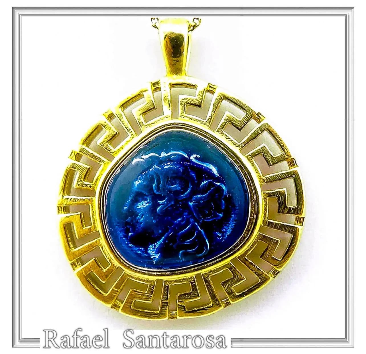 Alexander the Macedon coin silver necklace with Greek key 18k gold filled & sky-blue enamel. — Necklaces from Rafael Santarosa Fine Jewelry
