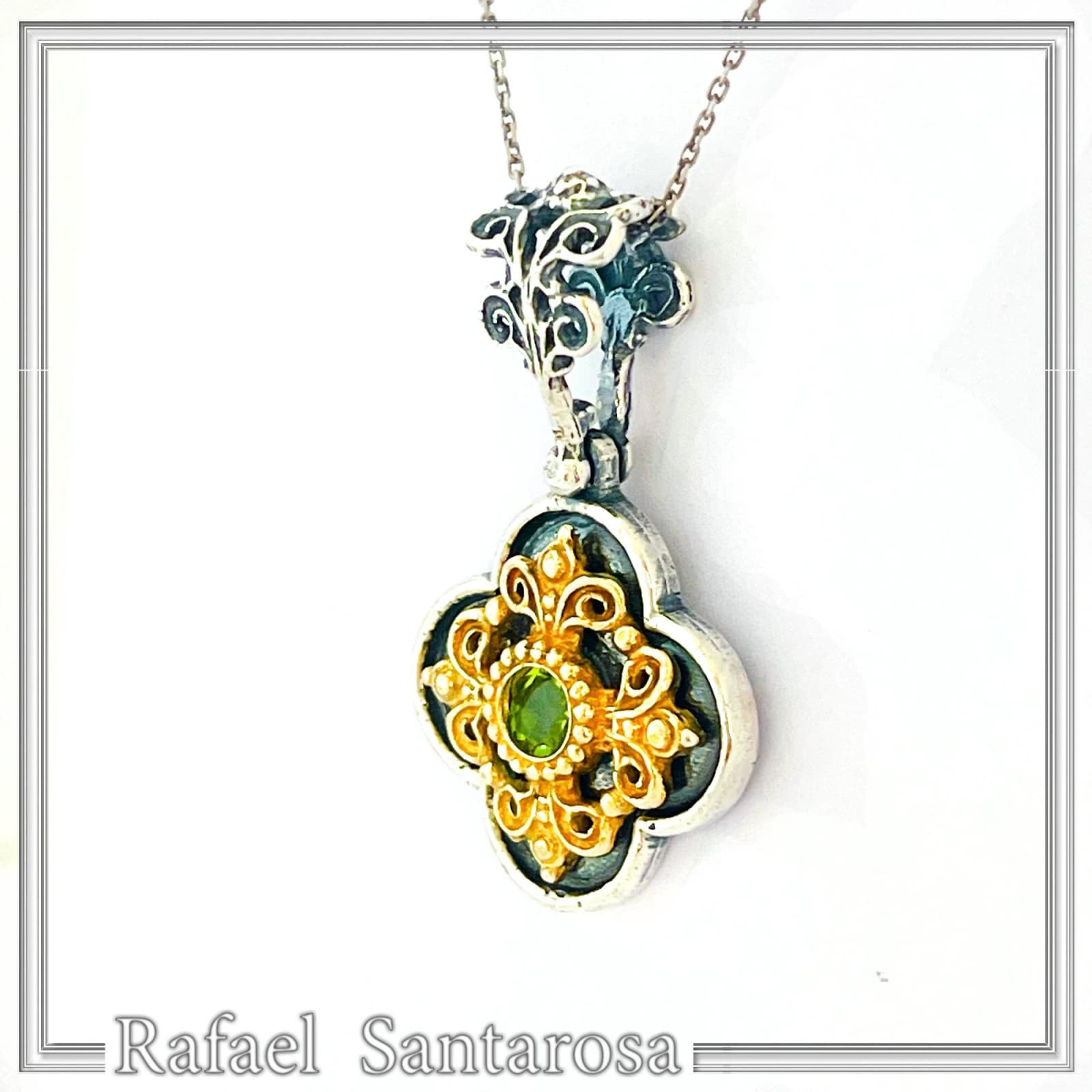 Byzantine Filigree Natural Green Peridot Necklace: Handmade Sterling Silver Oxidized and 18K Gold Filled — Necklaces from Rafael Santarosa Fine Jewelry