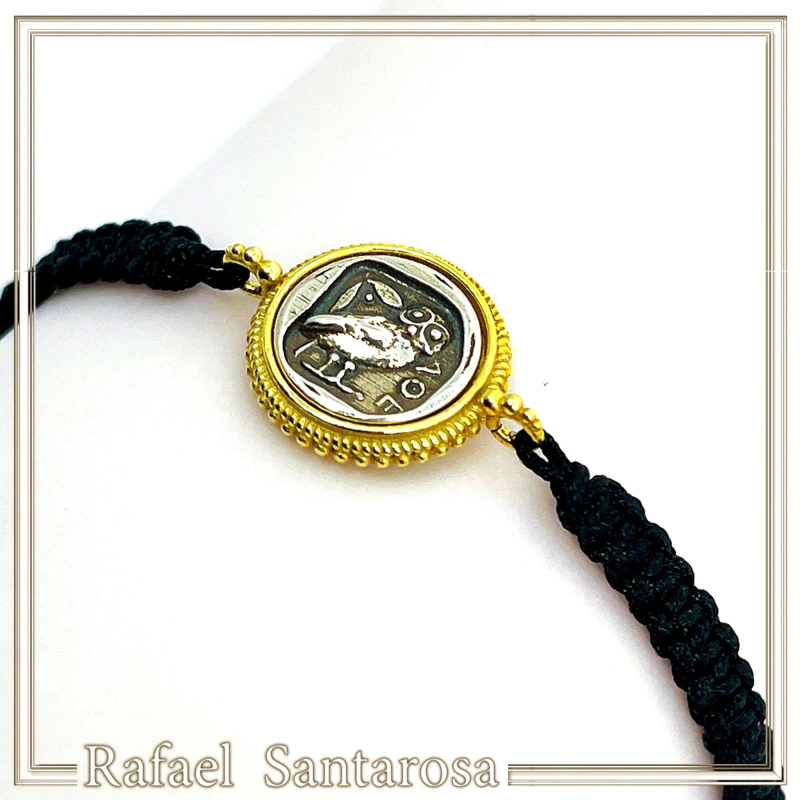 Owl Coin Bracelet Macrame Cord 18K Gold Filigree Base, Oxidized Sterling Silver Tetradrachm coin — Bracelets from Rafael Santarosa Fine Jewelry
