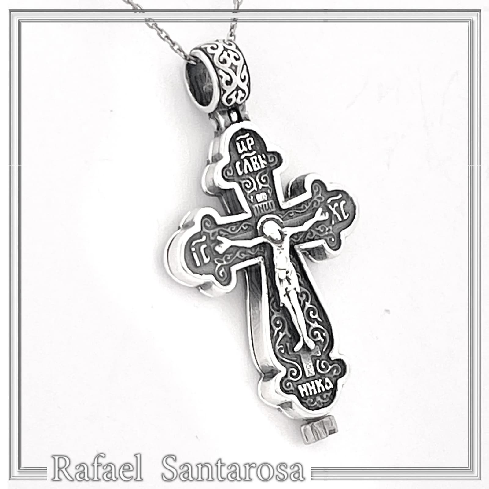 Byzantine Cyrillic Prayer Cross Locket Necklace: Russian Type Sterling Silver Reliquary Cross Pendant — Necklaces from Rafael Santarosa Fine Jewelry