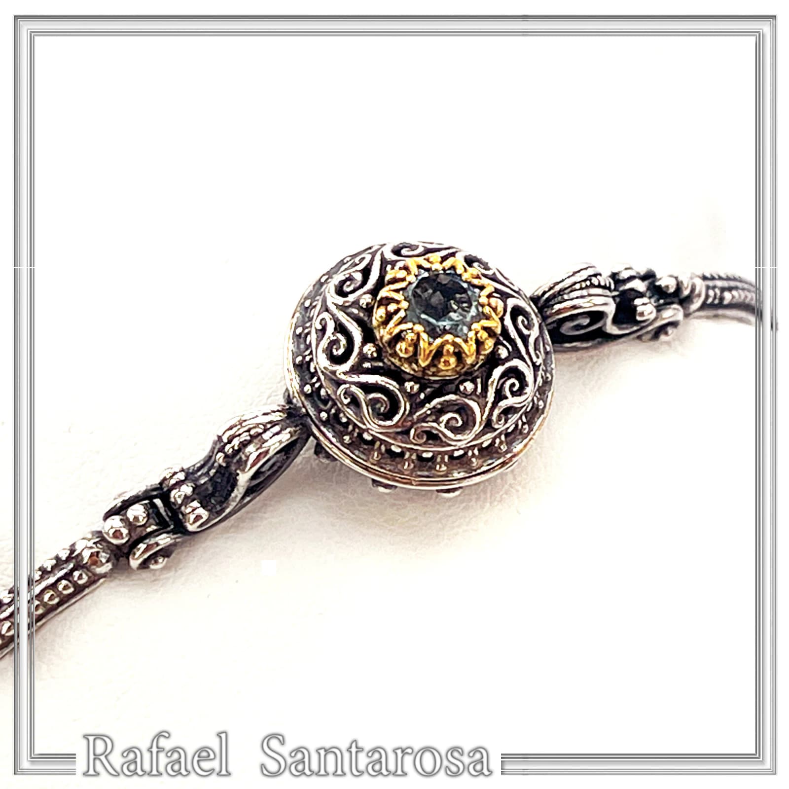Natural Sky-Blue Topaz Byzantine Bracelet: Oxidised Sterling Silver with 18K Gold Filled Filigree Bezel — Bracelets from Rafael Santarosa Fine Jewelry