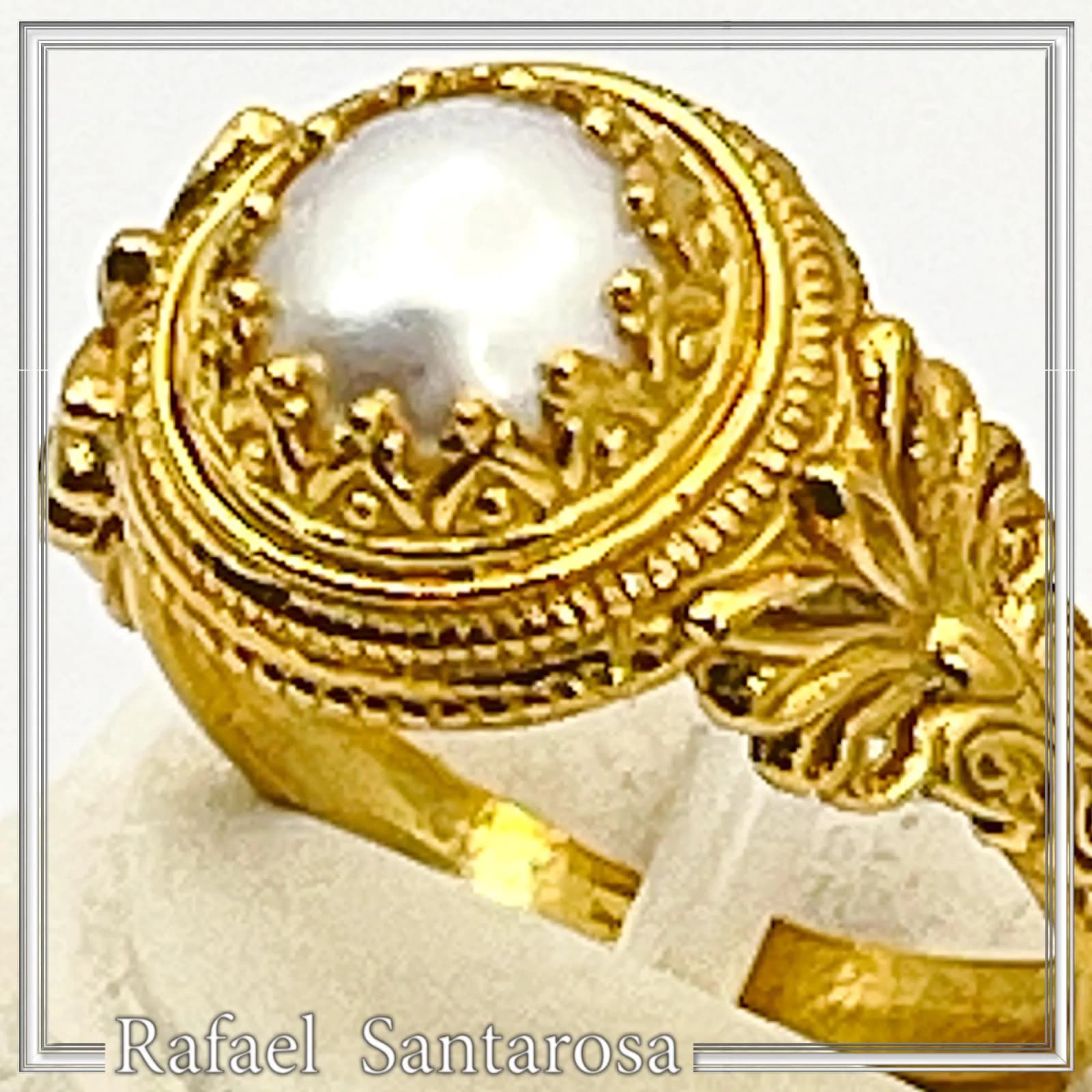 Sterling Silver Gold Filled Freshwater Pearl Ring Ancient Greek Antefix Filigree Design Handmade — Rings from Rafael Santarosa Fine Jewelry