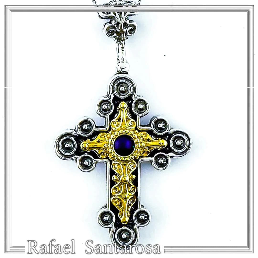 Natural Lapis Lazuli Byzantine Religious Cross: Oxidized Sterling Silver and 18K Gold Filled — Decorative objects from Rafael Santarosa Fine Jewelry