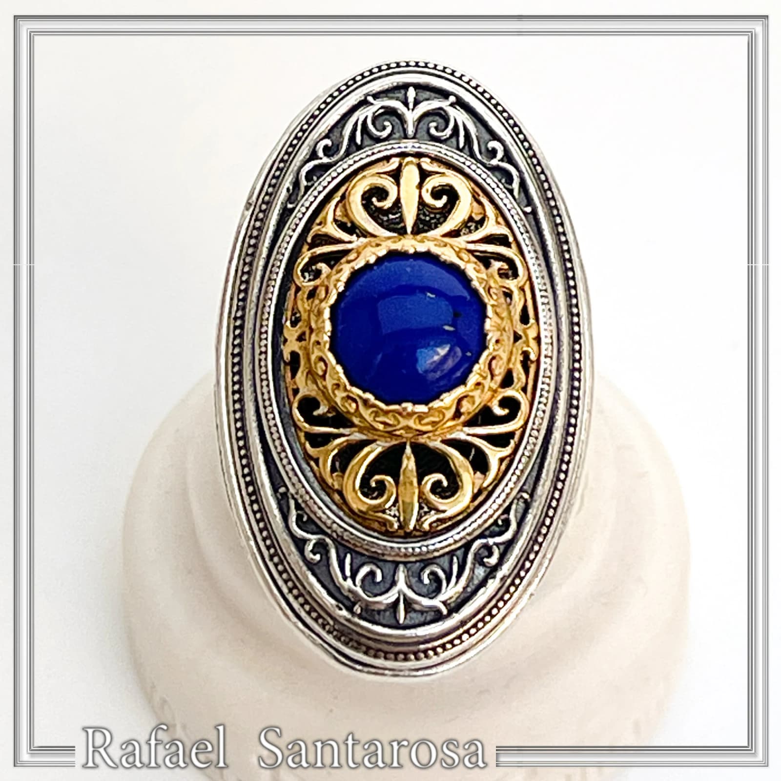 Natural Lapis Lazuli Big Byzantine Ring: Oxidized & 18k Gold Filled Sterling Silver — Rings from Rafael Santarosa Fine Jewelry