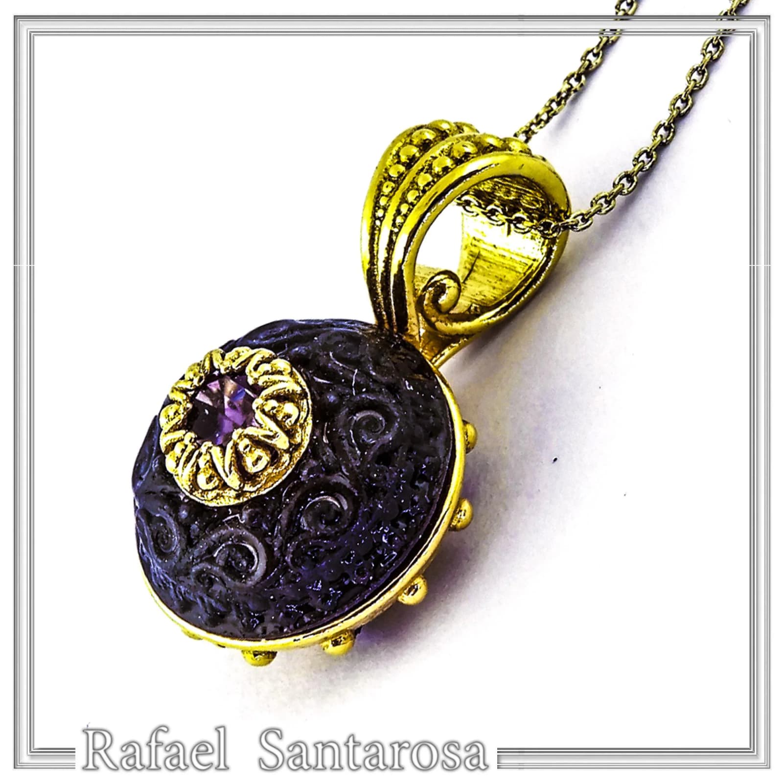 Art Deco Natural Amethyst Pendant: Oxidized and 18K Gold Filled Sterling Silver — Necklaces from Rafael Santarosa Fine Jewelry