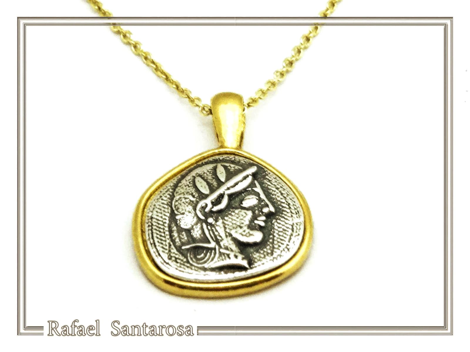 Athena Goddess Coin Pendant, Greek Museum Replica Necklace: Oxidized & 18K Gold Filled Sterling Silver — Necklaces from Rafael Santarosa Fine Jewelry
