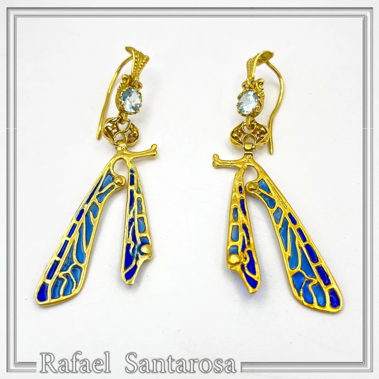Art Nouveau Dragonfly feather Sterling Silver Earrings Gold Filled Blue Enamel Sky Blue Topaz Handmade Jewelry — Earrings from Rafael Santarosa Fine Jewelry