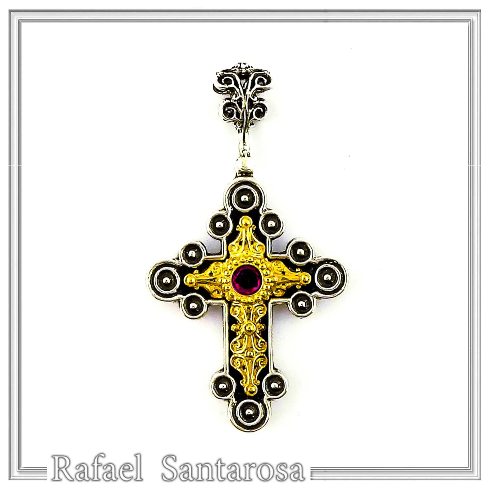 African Genuine Amethyst Byzantine Cross Necklace: Oxidized Sterling Silver & 18K Gold Filled — Necklaces from Rafael Santarosa Fine Jewelry