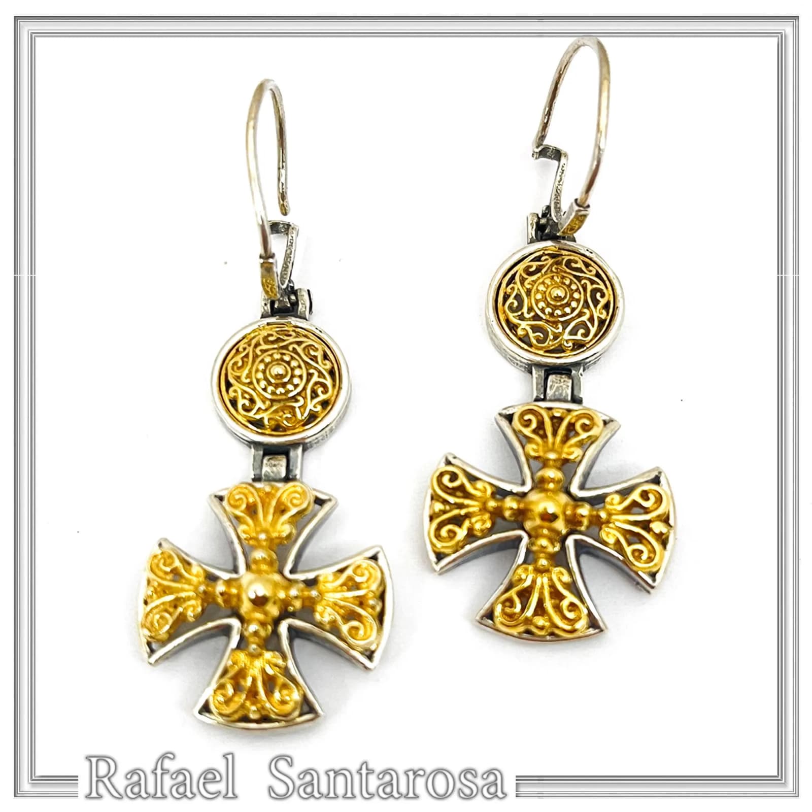Byzantine religious statement handmade cross earrings, sterling silver 18K gold filled — Earrings from Rafael Santarosa Fine Jewelry