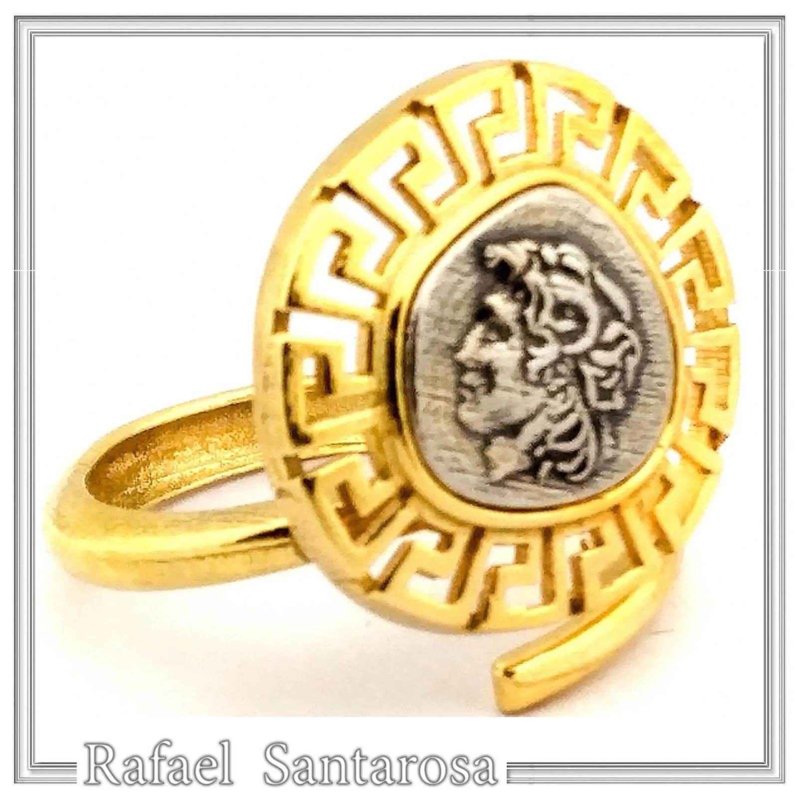 Alexander the Greek coin adjustable ring oxidized, and 18K gold filled sterling silver Greek Key — Rings from Rafael Santarosa Fine Jewelry