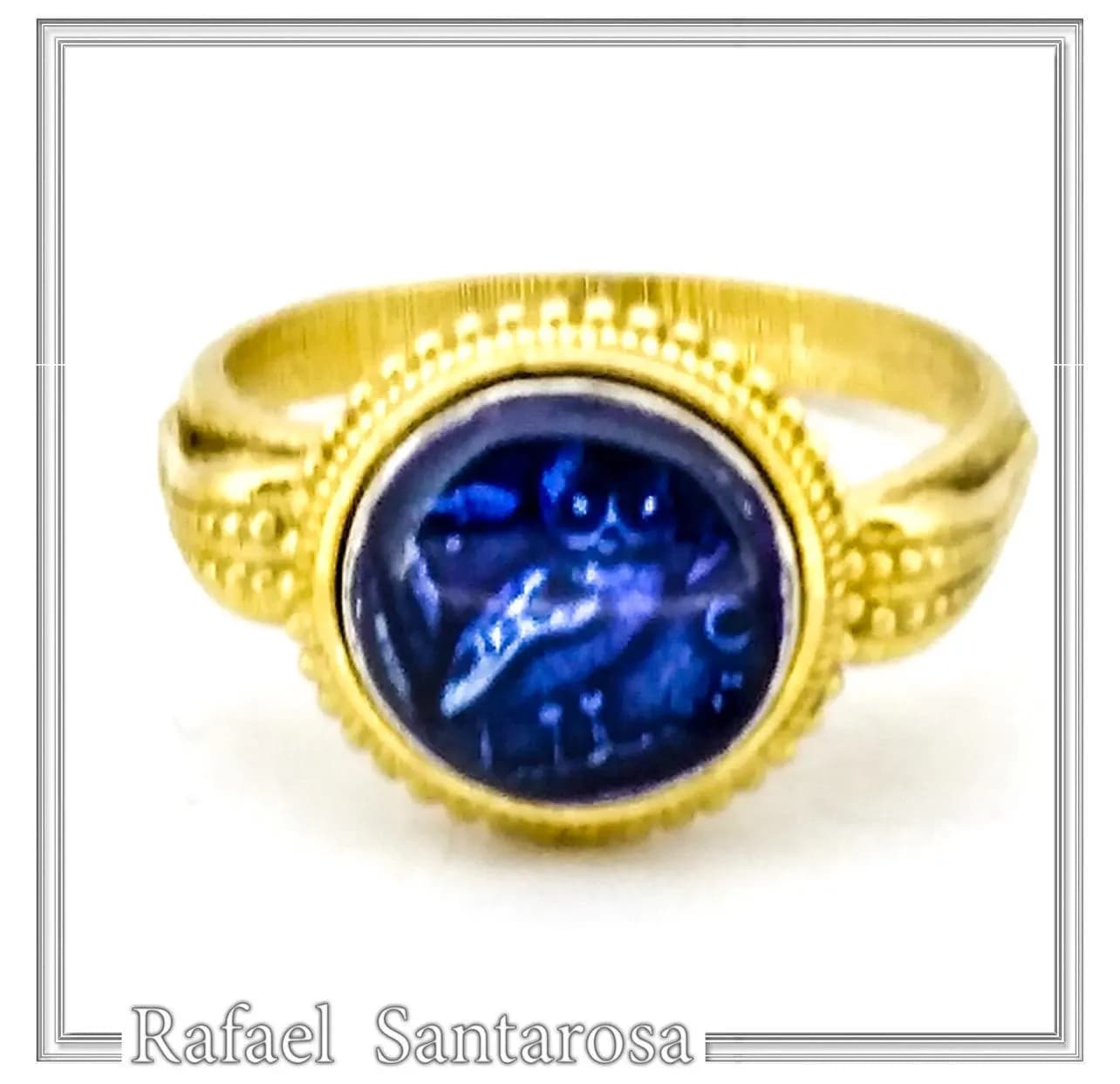 Athena Owl Coin Tetradrachm Ring: Blue Transparent Enamel on 18K Gold-Filled Filigree Sterling Silver — Rings from Rafael Santarosa Fine Jewelry