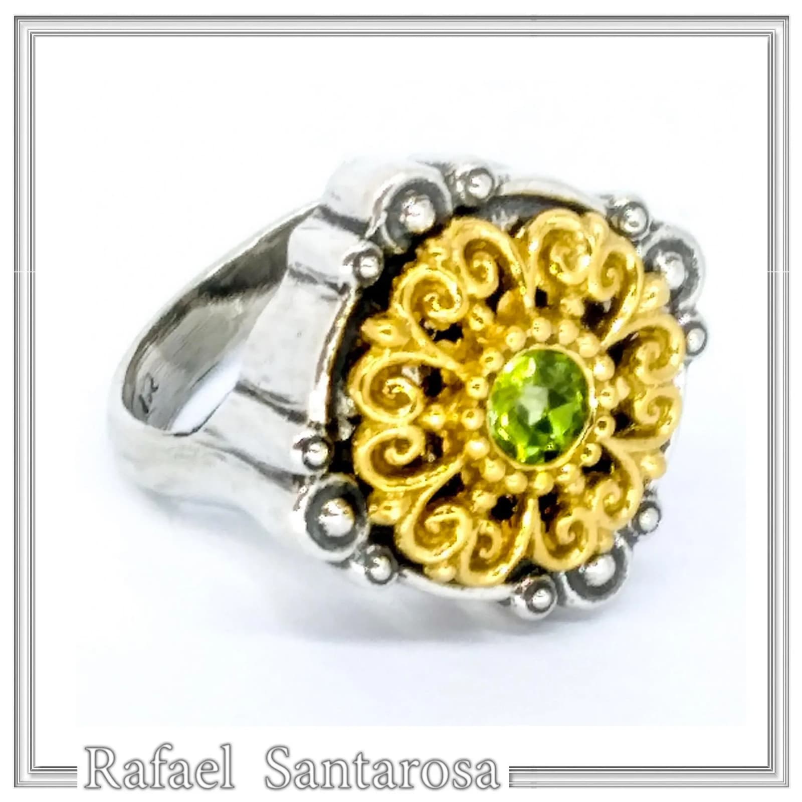 Natural Peridot Byzantine Ring: Oxidised and Gold-Filled Filigree Sterling Silver Statement Ring — Rings from Rafael Santarosa Fine Jewelry