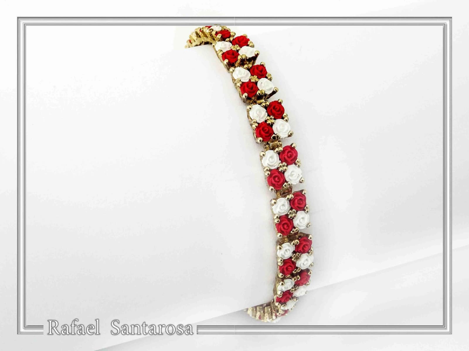Tennis bracelet with red & white rose flowers on square beads. 18K gold filled silver — Bracelets from Rafael Santarosa Fine Jewelry