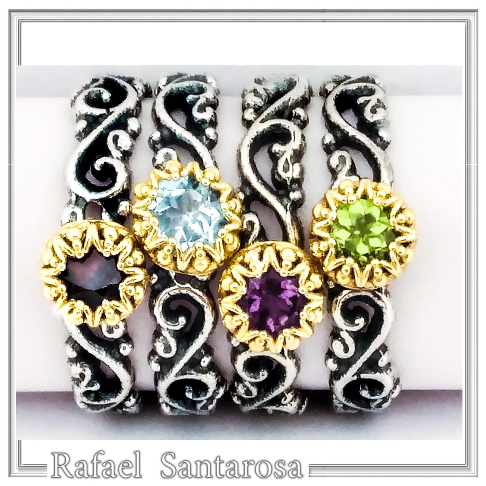 Genuine Gemstones Stacking Ring: Oxidized Sterling Silver & Gold-Filled Bezel — Rings from Rafael Santarosa Fine Jewelry