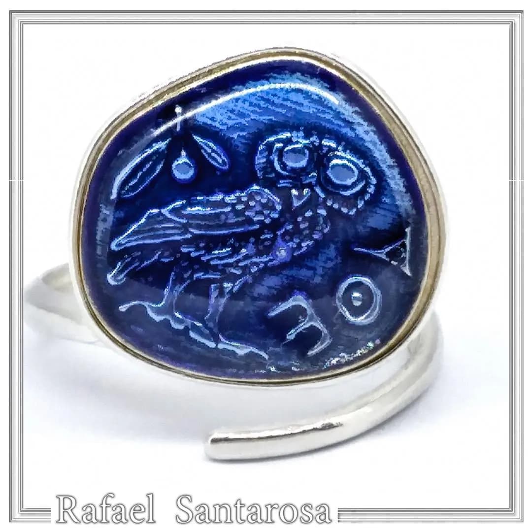 Athena Owl Coin Tetradrachm Ring Museum Replica: Transparent Blue Enamel on Sterling Silver Coin — Rings from Rafael Santarosa Fine Jewelry