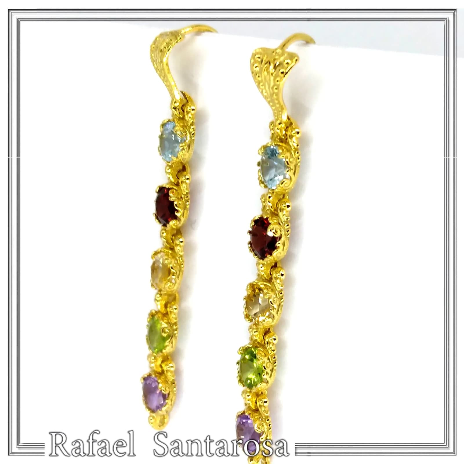 18k Gold Byzantine Filigree Multi Gemstone Dangle Beaded Earrings: Multi Coloured Natural Gems — Earrings from Rafael Santarosa Fine Jewelry