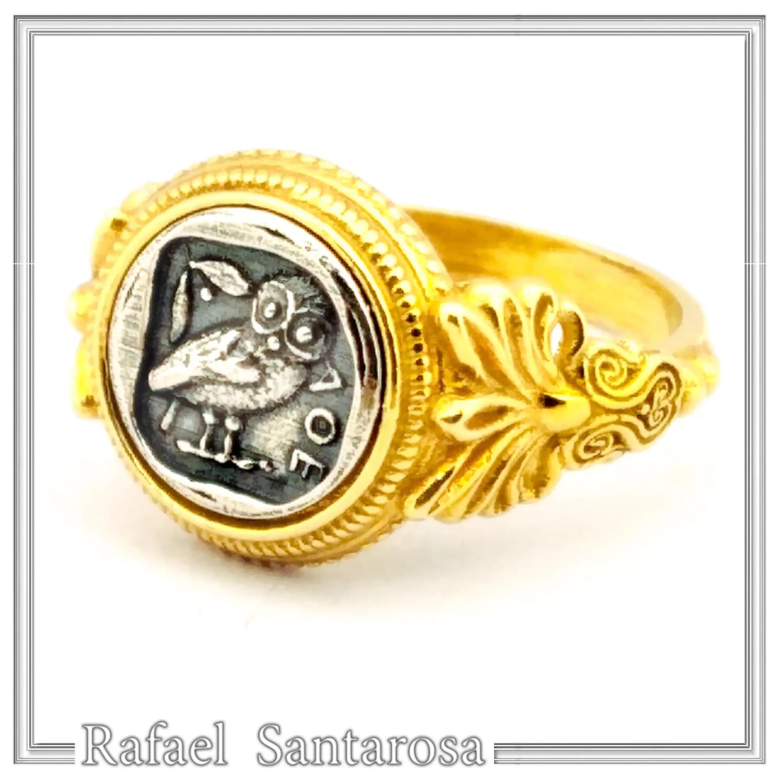 Tetradrachm Athena Owl Replica Greek Coin Ring, Antefix Filigree decoration: Sterling Silver oxidized & Gold-Filled — Rings from Rafael Santarosa Fine Jewelry
