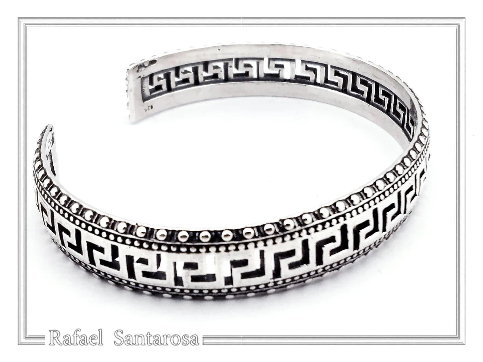 Greek Key Meander Oxidized Sterling Silver Cuff Bracelet, Museum Inspired Unisex Adjustable Jewelry — Bracelets from Rafael Santarosa Fine Jewelry