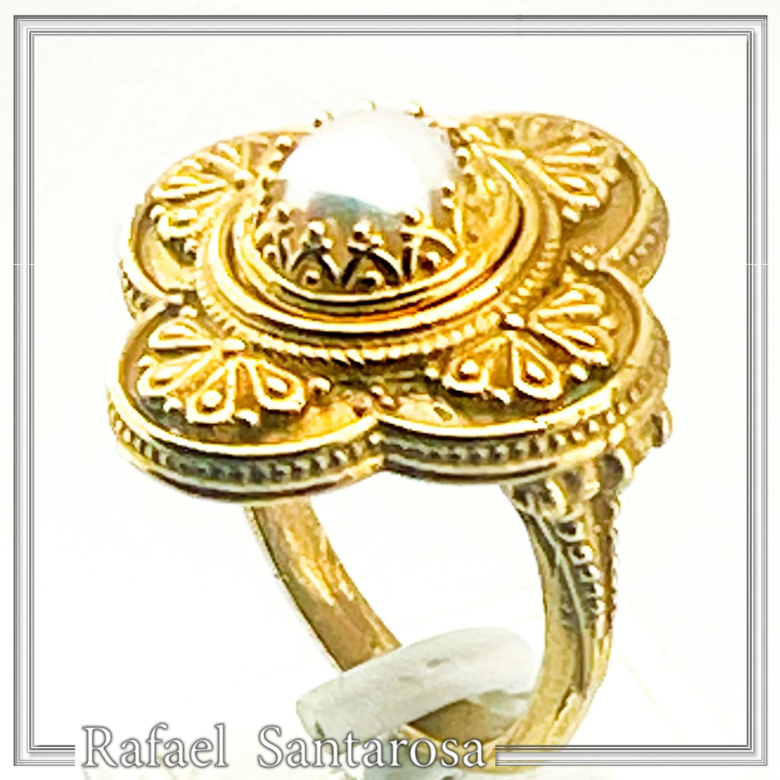 Byzantine Cross Ring: Natural Pearl, Sterling Silver 18K Gold-Filled Filigree — Rings from Rafael Santarosa Fine Jewelry