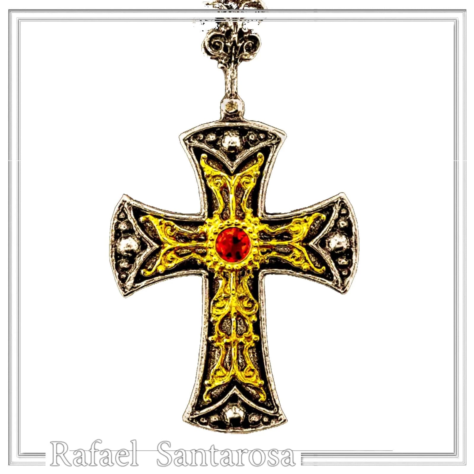 Byzantine Religious Christian Cross Necklace: Natural Garnet, Oxidized & 18K Gold filled Sterling Silver — Necklaces from Rafael Santarosa Fine Jewelry