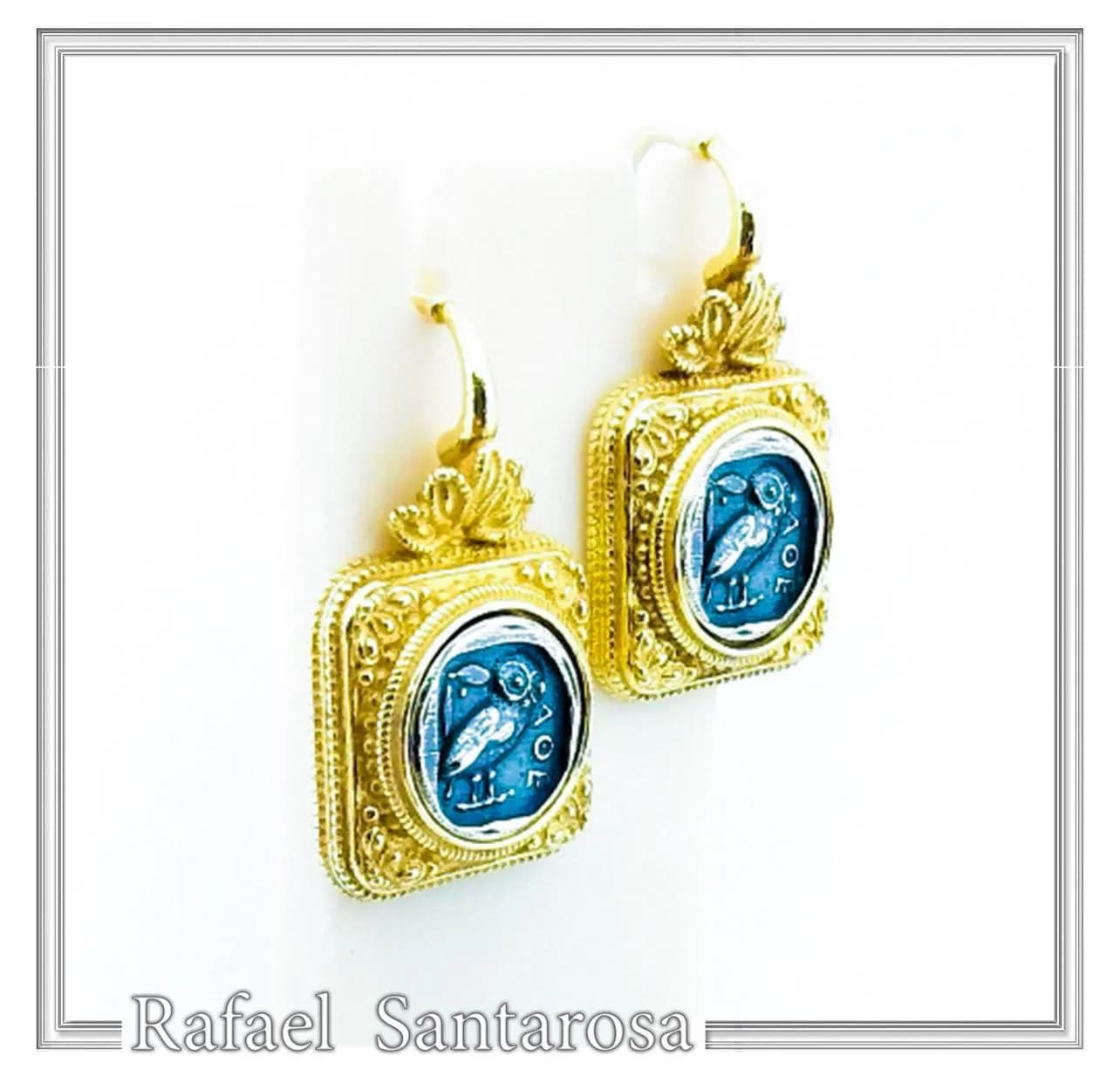 Athena Owl Coin Greek Museum Earrings: 18K Gold Filled Filigree and Oxidised Sterling Silver — Earrings from Rafael Santarosa Fine Jewelry