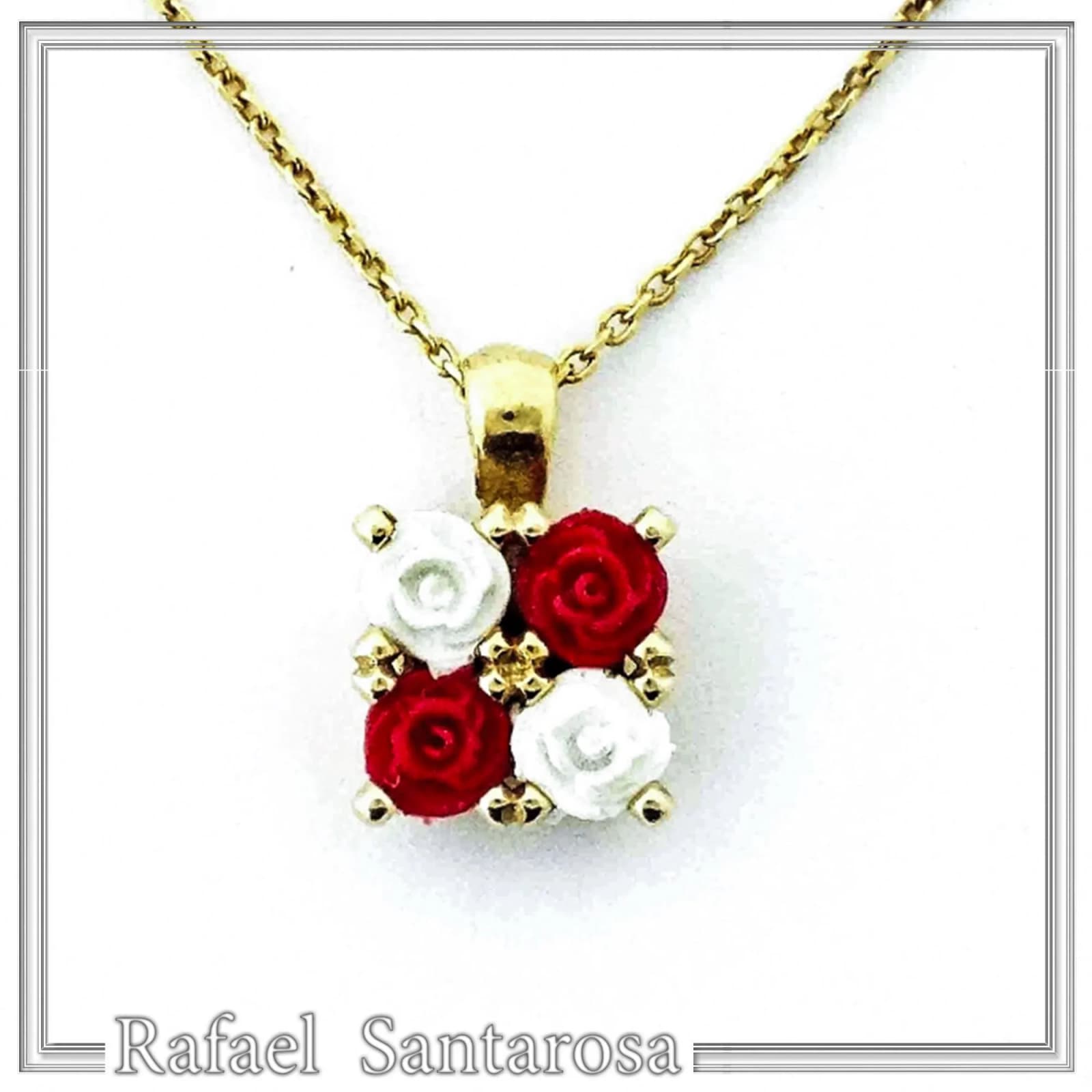 Alabaster Rose Flowers Gems Bouquet Square Necklace: Red &White Roses, Silver 18K Gold Filled. — Necklaces from Rafael Santarosa Fine Jewelry