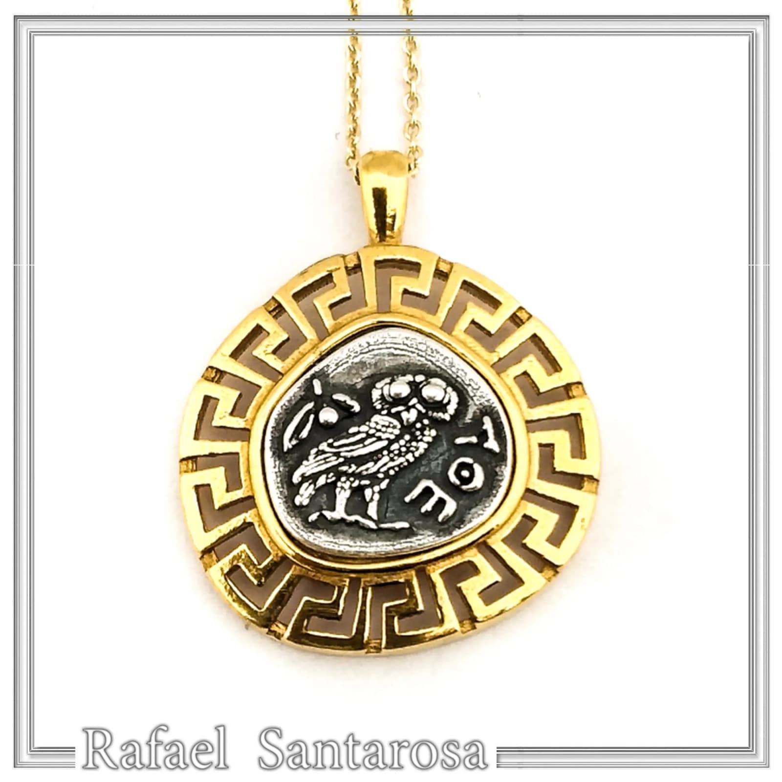 Athena Owl Coin Greek Key Pendant, Museum Jewelry: Oxidized & 18K Gold Filled Sterling Silver — Necklaces from Rafael Santarosa Fine Jewelry