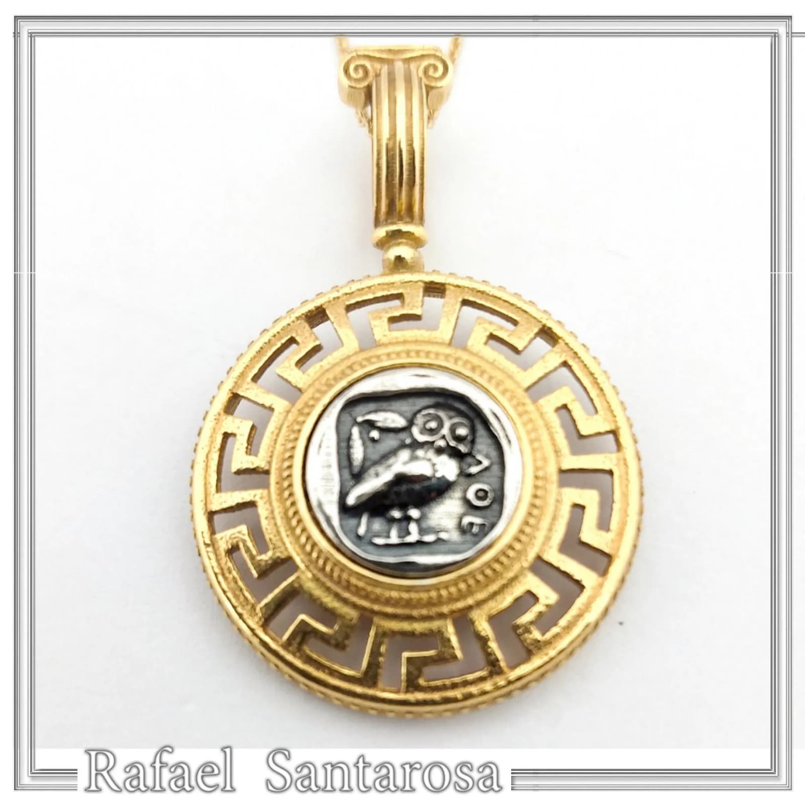 Athenian Owl Coin Pendant: 18k Gold-Filled Sterling Silver Greek Key Necklace — Necklaces from Rafael Santarosa Fine Jewelry