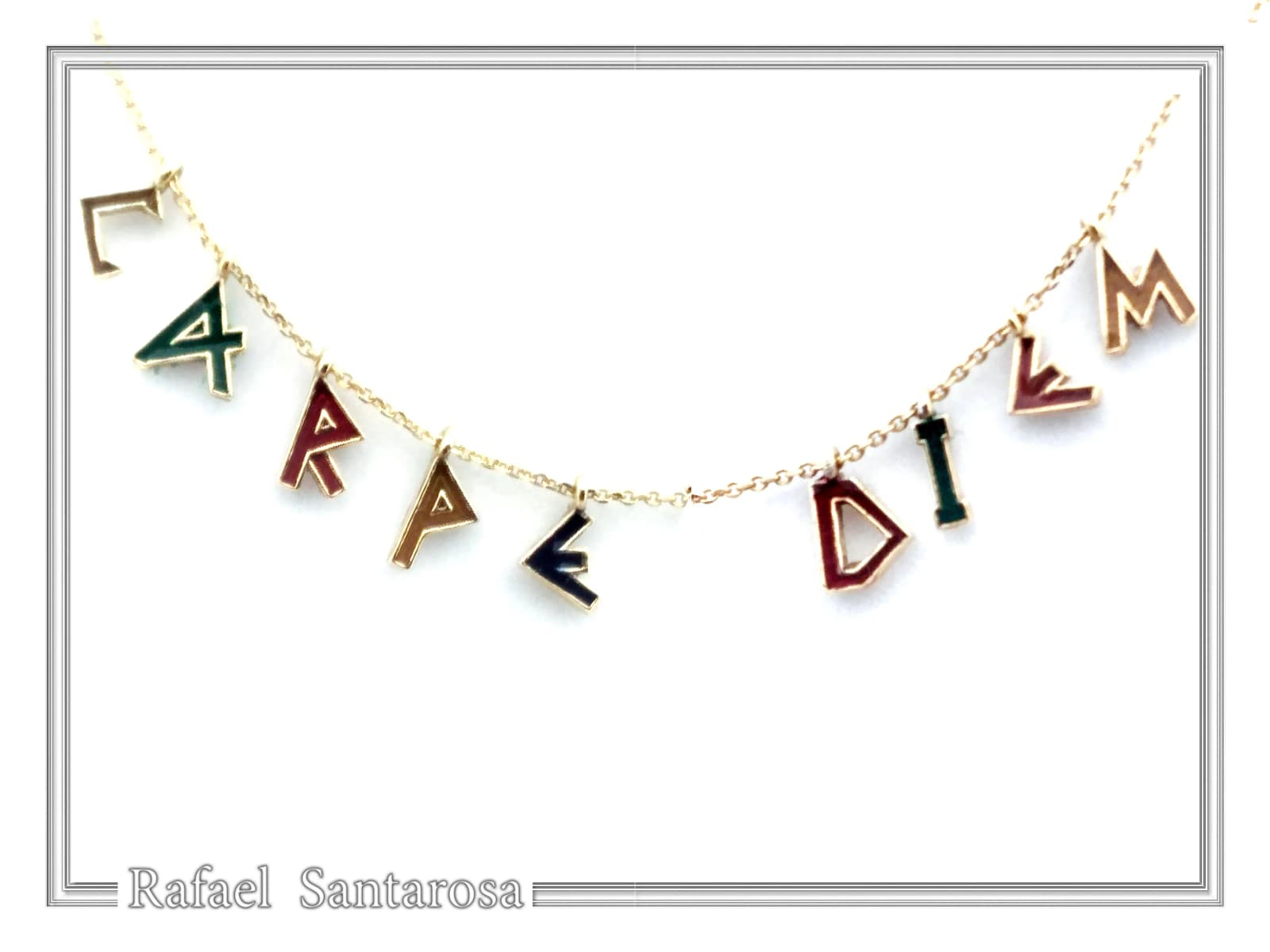 Personalized Carpe Diem Necklace: Gold Filled Silver Beaded Charm, Enamel Latin Font — Necklaces from Rafael Santarosa Fine Jewelry