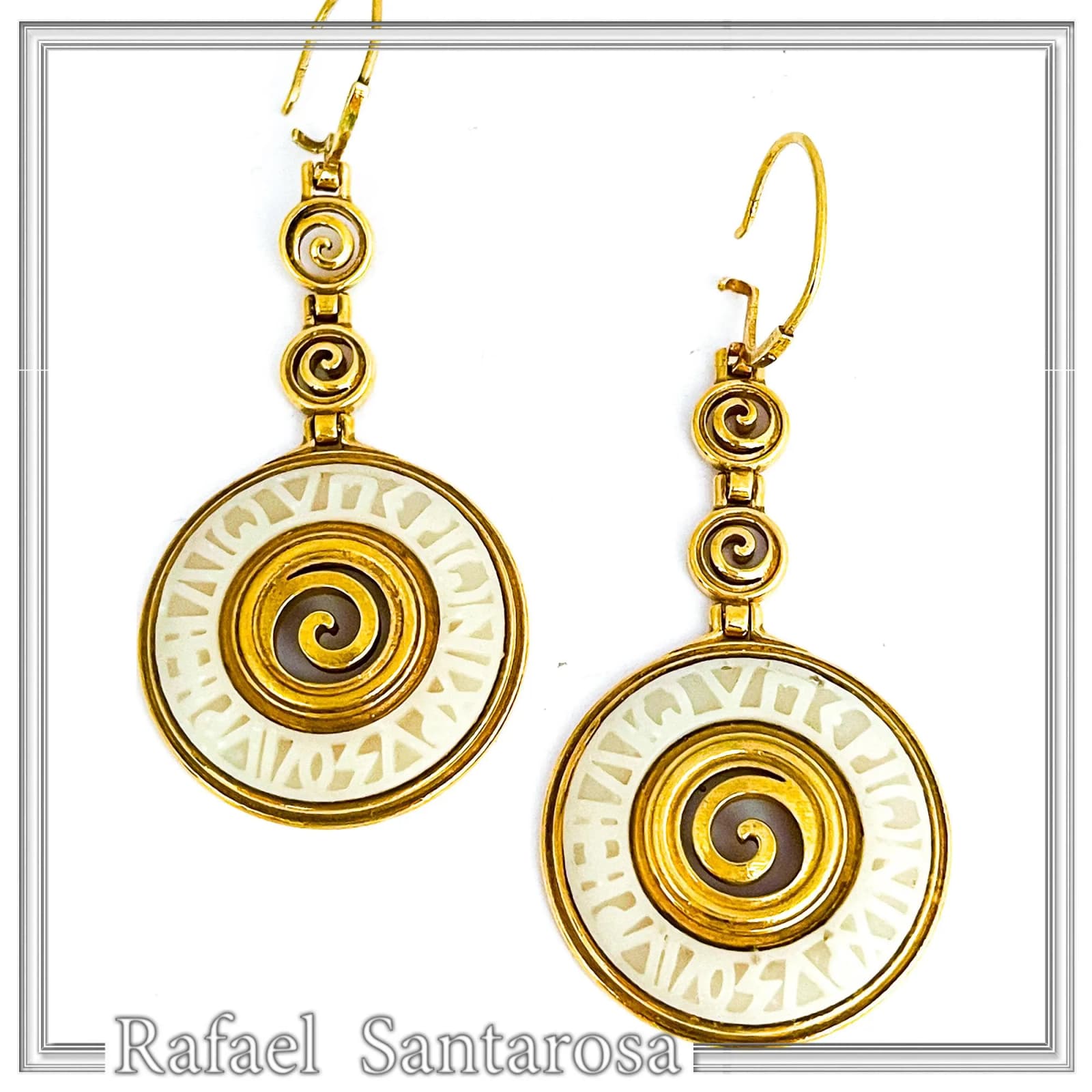Ancient Greek Prayer to Sun Engraved Marble Spiral Earrings: 18k Gold Filled Sterling Silver — Earrings from Rafael Santarosa Fine Jewelry