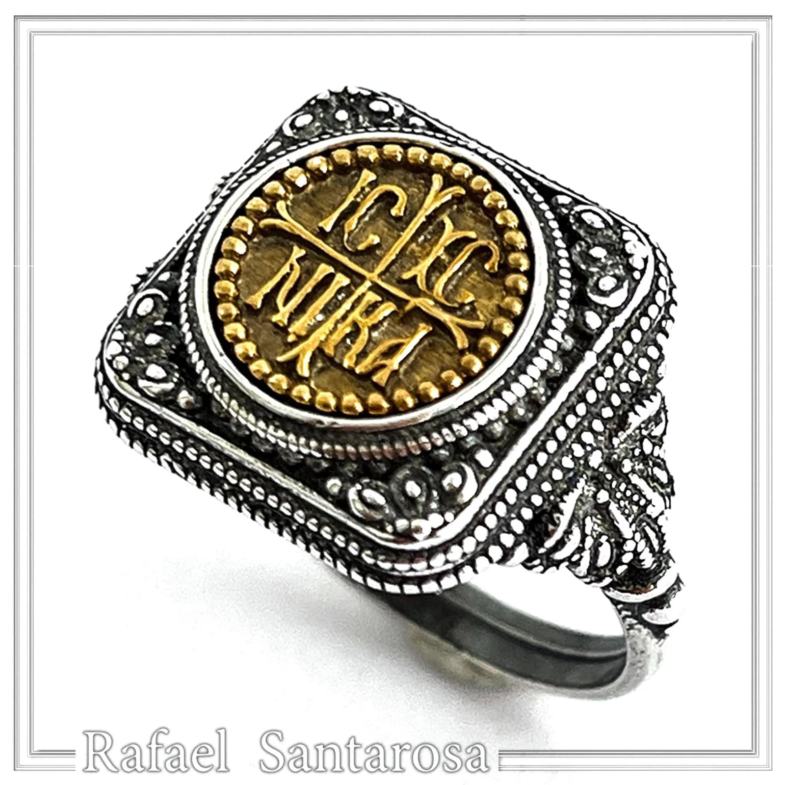 18K Sold Gold Jesus Victorious ICXC NIKA Ring: Oxidized Sterling Silver Byzantine Talisman — Rings from Rafael Santarosa Fine Jewelry