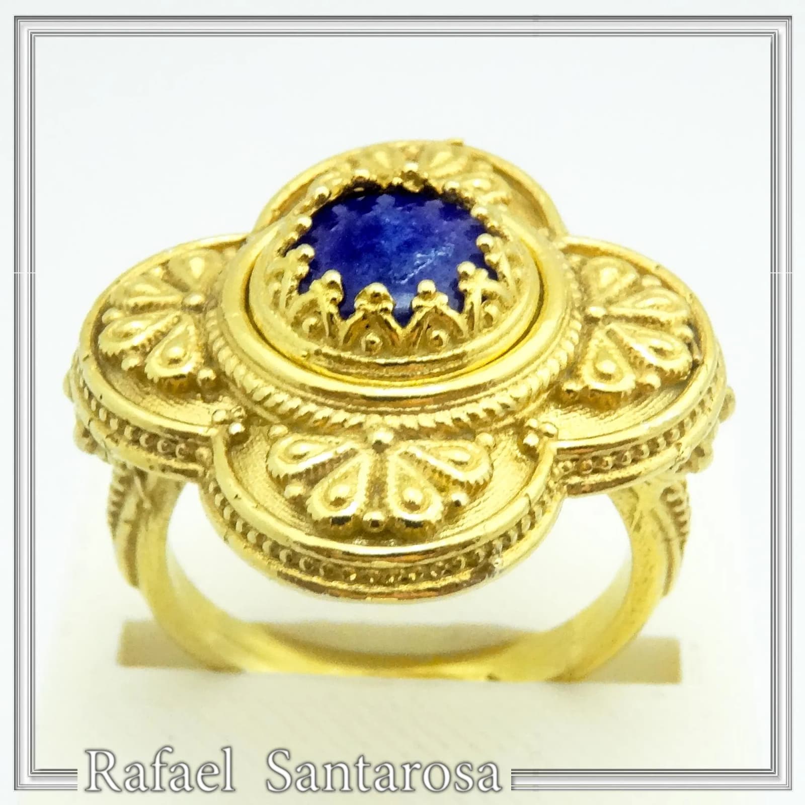 Byzantine Christian Cross Genuine Lapis Lazuli Ring: 18K Gold Filled Sterling Silver Filigree — Rings from Rafael Santarosa Fine Jewelry