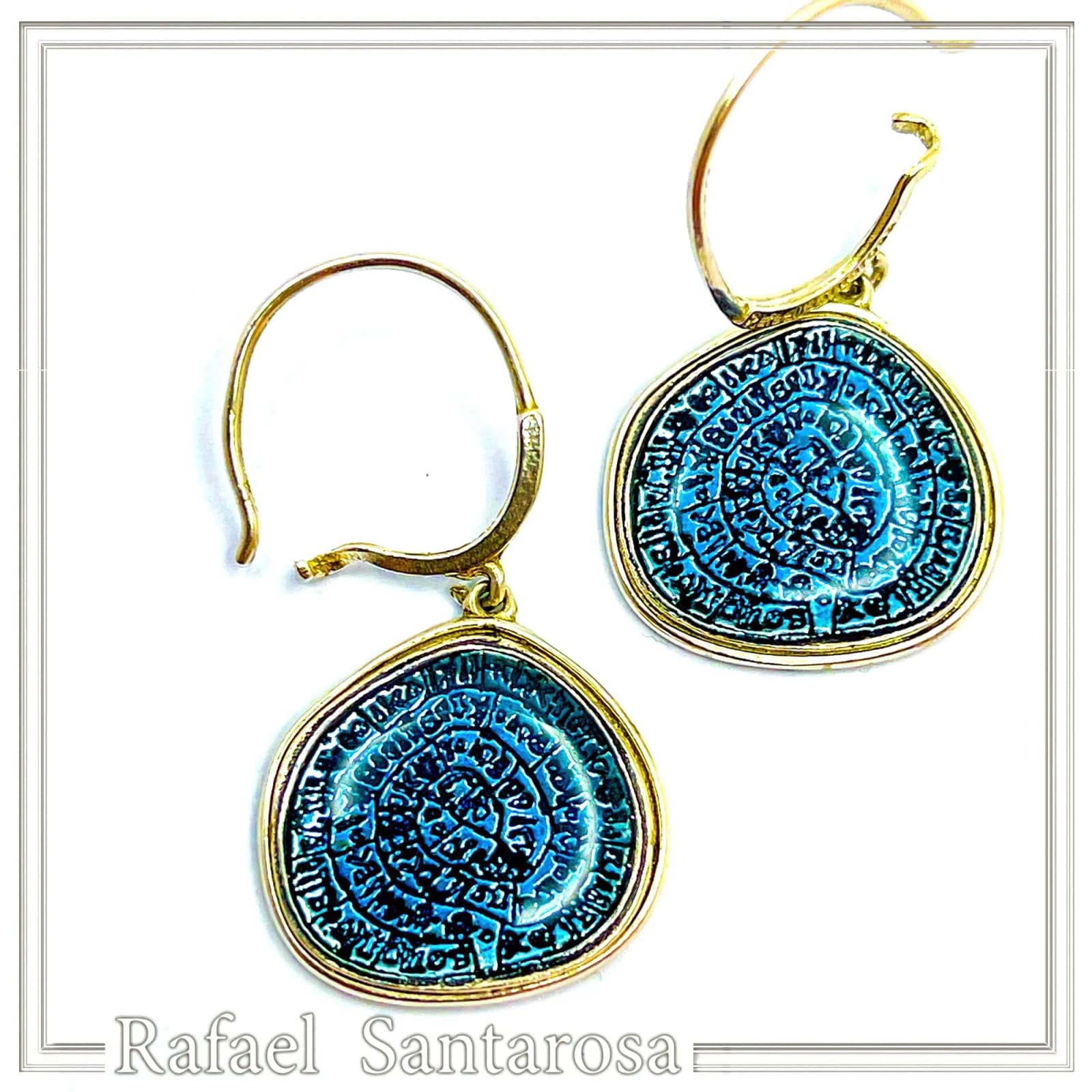 Ancient Minoan Calendar Replica Phaistos Disc Earrings: Oxidized Sterling Silver Sky Blue Transparent Enamel — Earrings from Rafael Santarosa Fine Jewelry