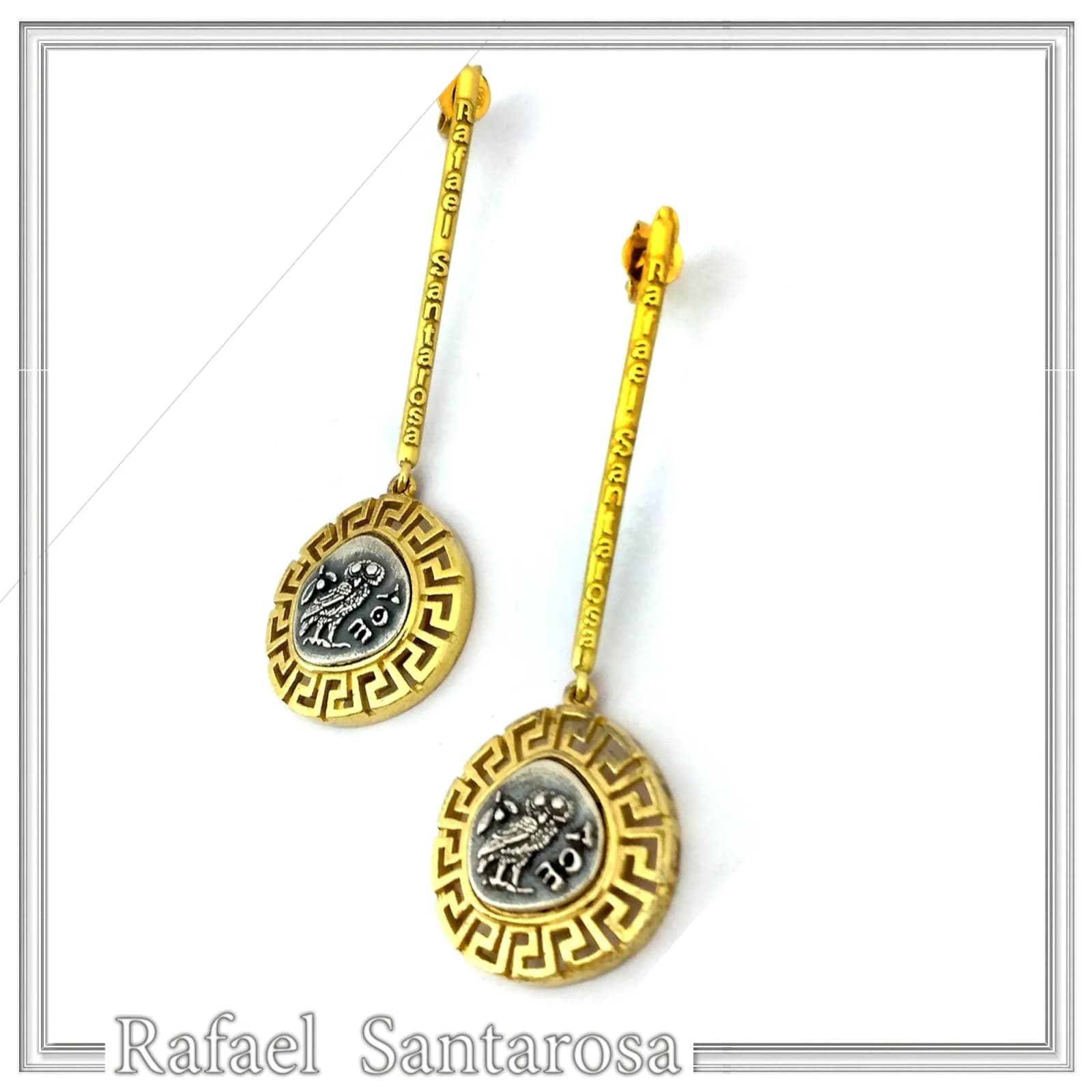 Athena Owl Tetradrachm Greek Coin Dangle Drop Earrings: Museum Replicas Oxidized & Gold-Filled Silver — Earrings from Rafael Santarosa Fine Jewelry
