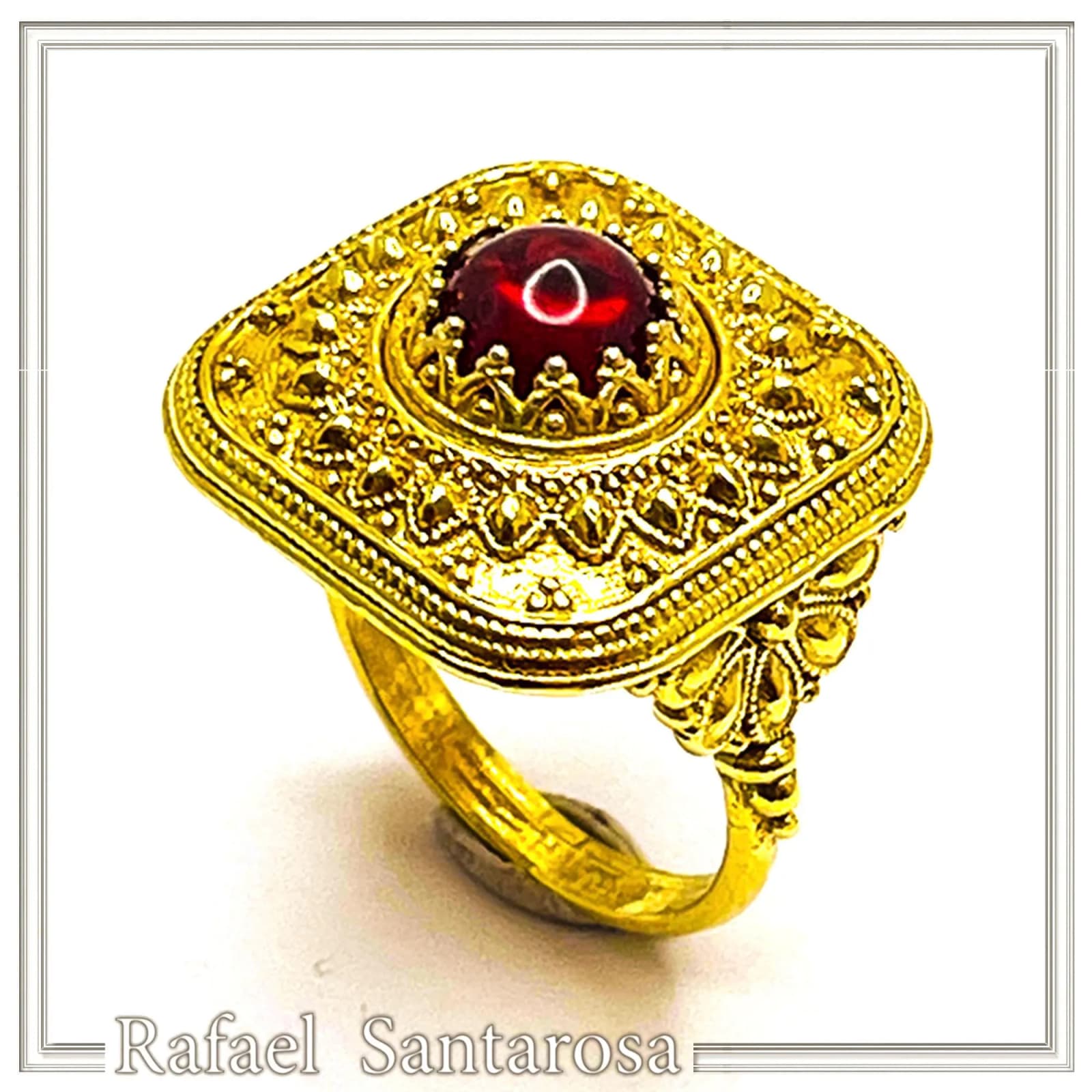 Byzantine Natural Garnet Statement Ring: 18K Gold Filled Granulation Filigree Sterling Silver — Rings from Rafael Santarosa Fine Jewelry