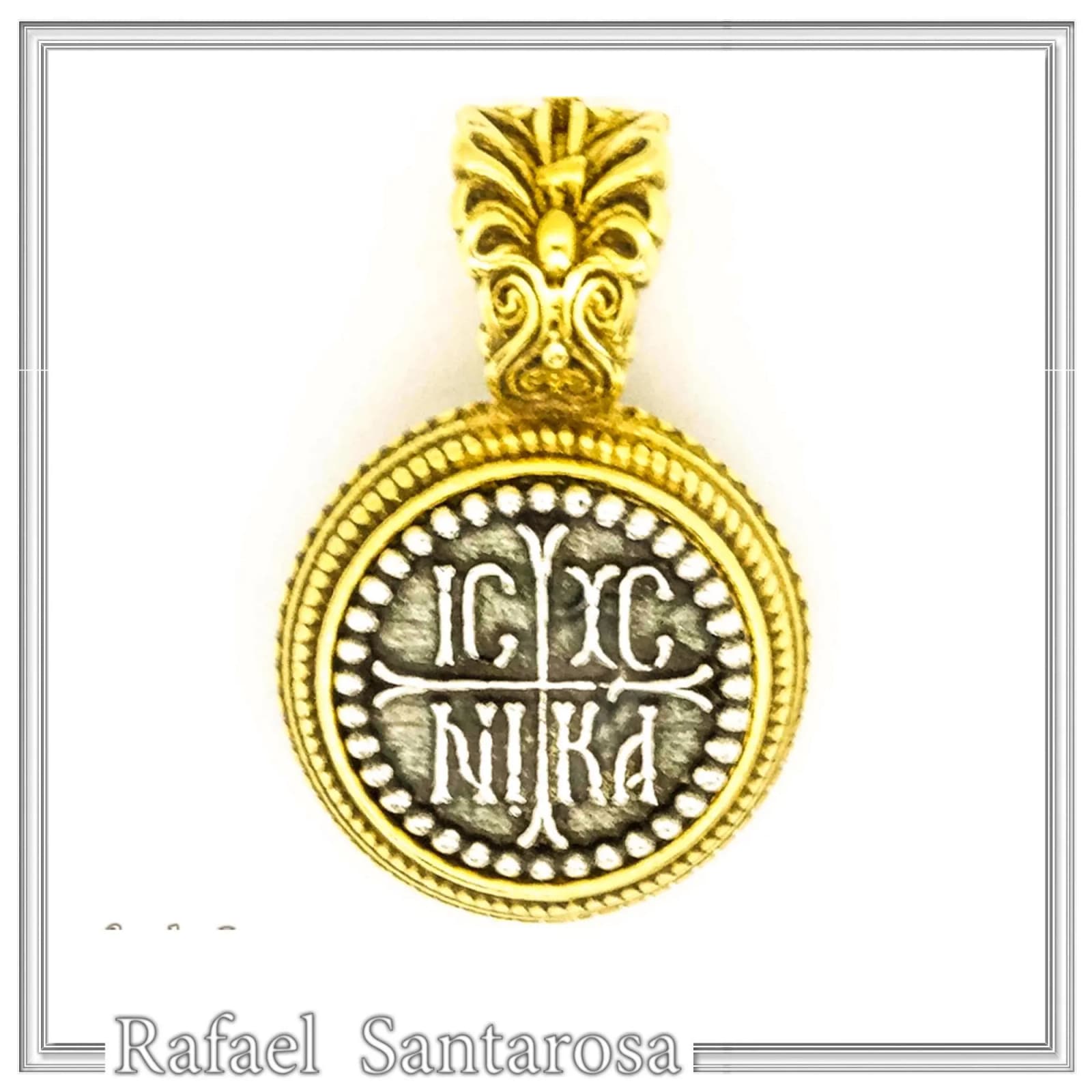 Jesus Christ Wins ICXC NIKA Talisman Constantinato Necklace: Oxidized Sterling Silver Gold filled filigree — Necklaces from Rafael Santarosa Fine Jewelry
