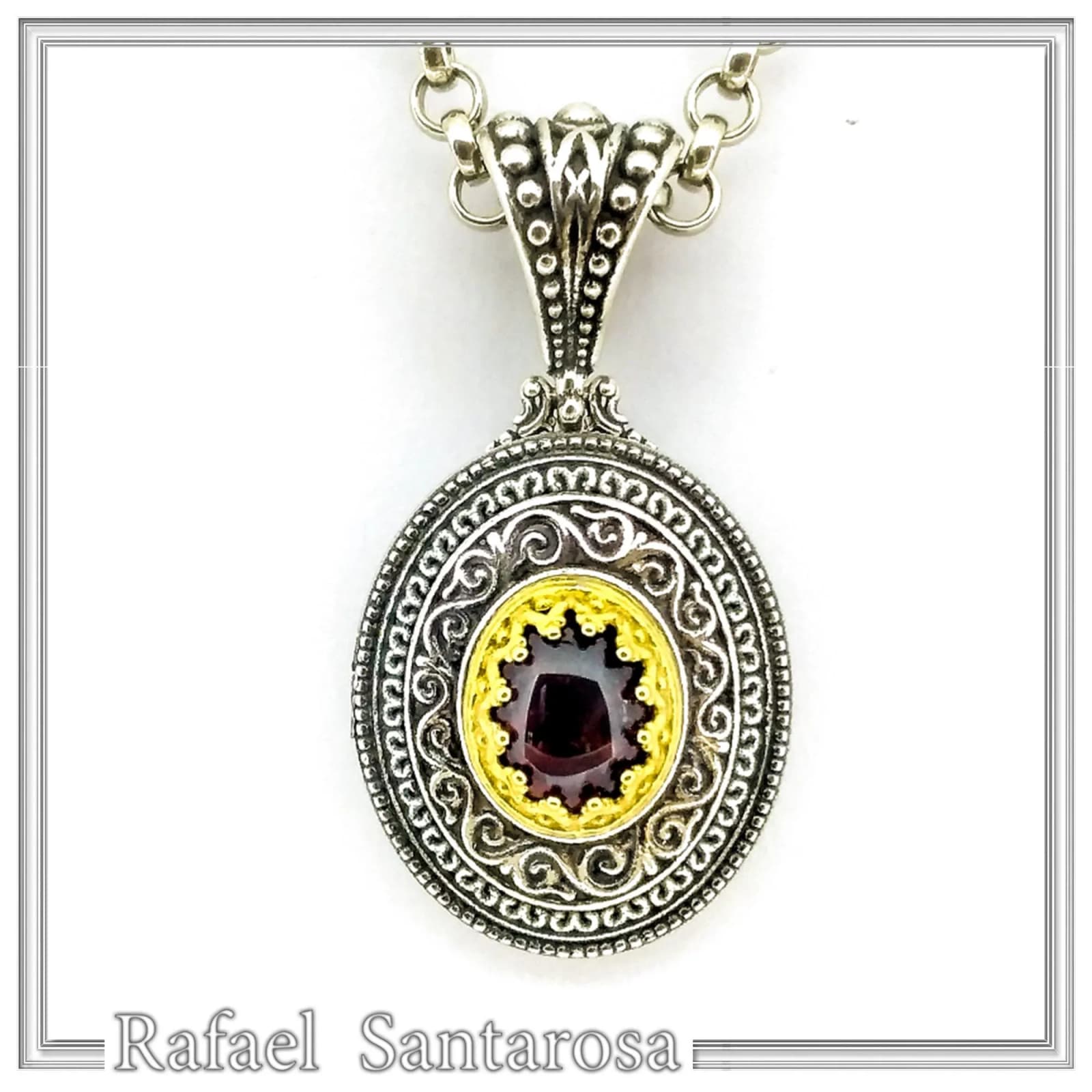 Natural Red Garnet Byzantine Filigree Pendant: Oxidized and 18k Gold Filled Sterling Silver — Necklaces from Rafael Santarosa Fine Jewelry
