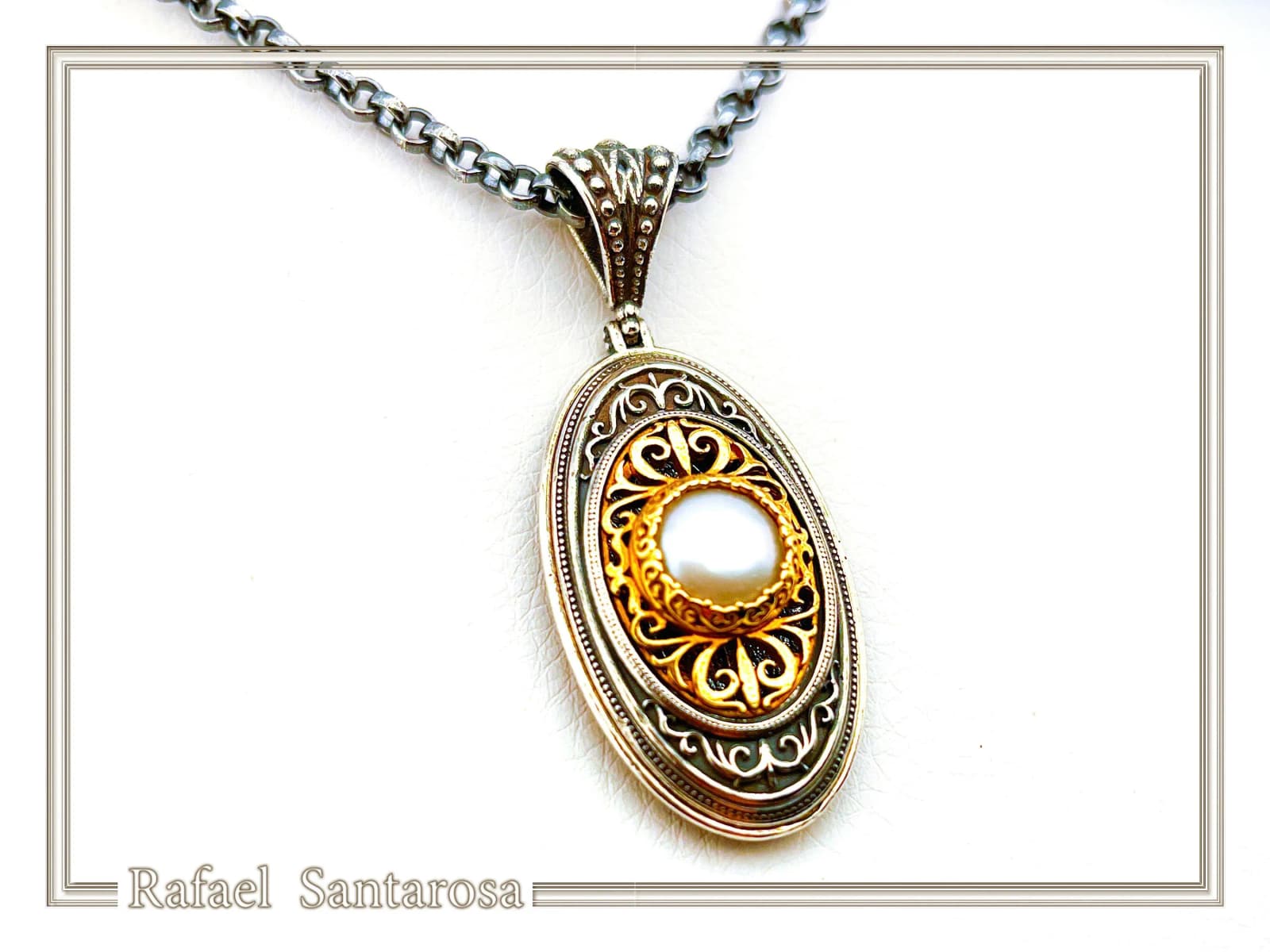 Natural Pearl on Byzantine Ornaments Pendant: Oxidized Sterling Silver and 18 Karat Gold Filled — Necklaces from Rafael Santarosa Fine Jewelry