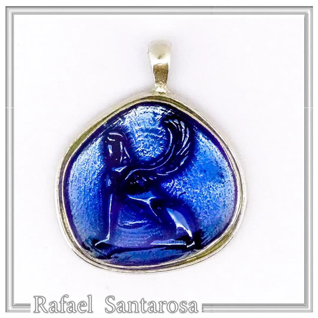 Sphinx of Delphi Greek Coin Necklace: Sky Blue Transparent Enamel on Sterling Silver Coin — Necklaces from Rafael Santarosa Fine Jewelry