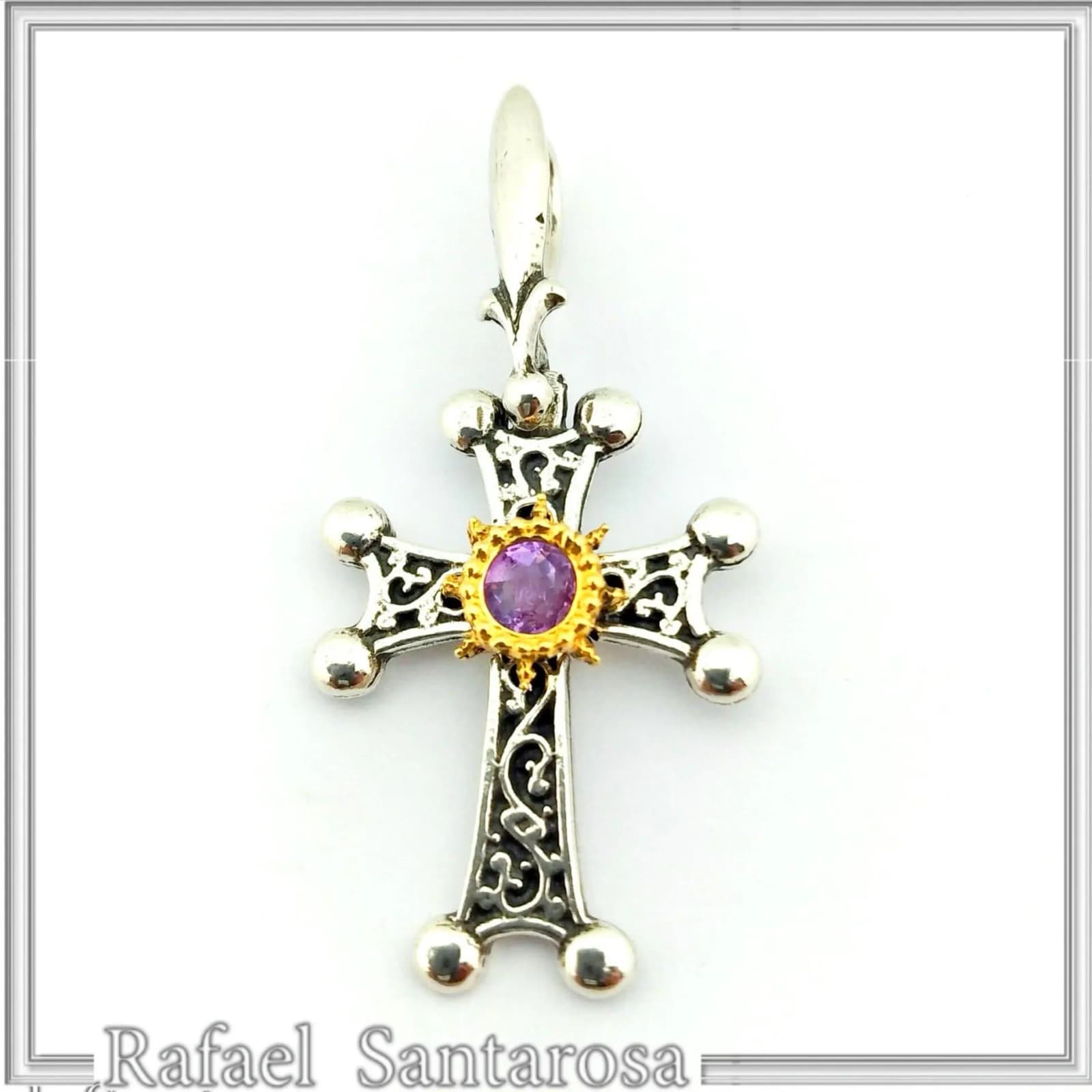 Byzantine Silver Hand engraved Cross with Genuine Amethyst: Oxidized silver, 18K gold Filled Bezel — Decorative objects from Rafael Santarosa Fine Jewelry