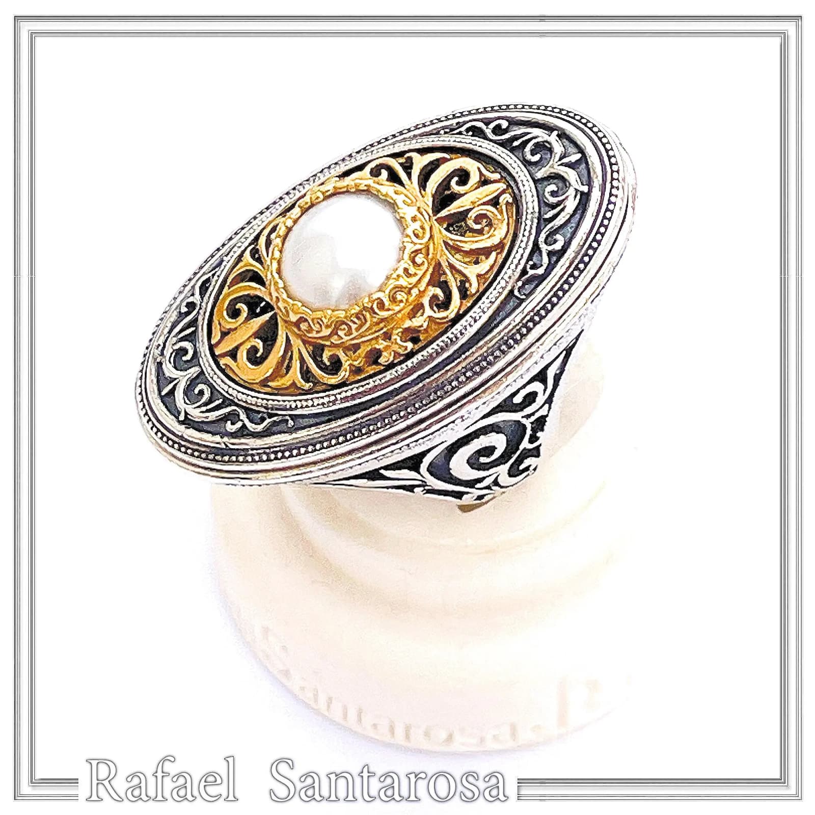 Byzantine Floral Queen Size Natural Pearl Ring: Oxidized Sterling Silver and 18K Gold Filled — Rings from Rafael Santarosa Fine Jewelry
