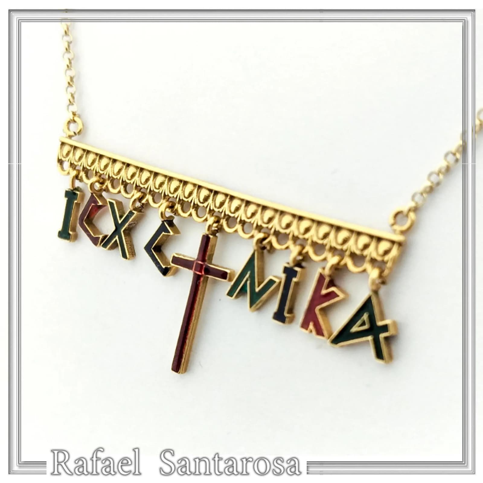 IC XC NIKA Dangle Necklace: Handmade Silver Gold Filled and enamel Christogram Talisman — Necklaces from Rafael Santarosa Fine Jewelry