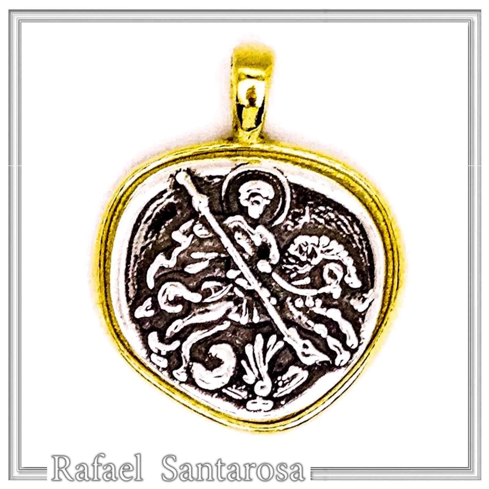 St George Killing Dragon Necklace Byzantine Talisman: Sterling Silver Oxidised & 18K Gold-Filled — Necklaces from Rafael Santarosa Fine Jewelry