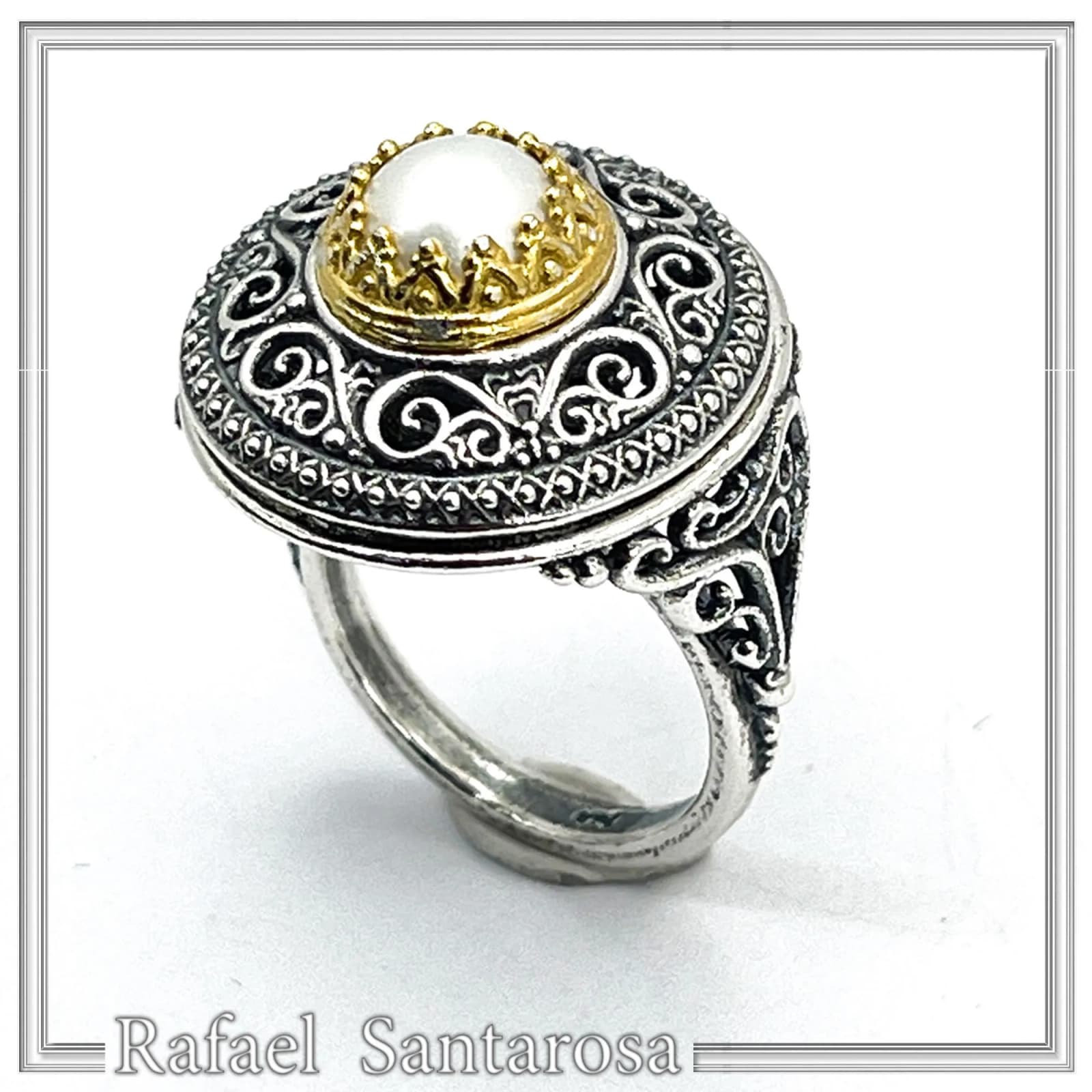 Oxidised sterling silver ring with 18k gold filled bezel and natural pearl center stone. — Rings from Rafael Santarosa Fine Jewelry