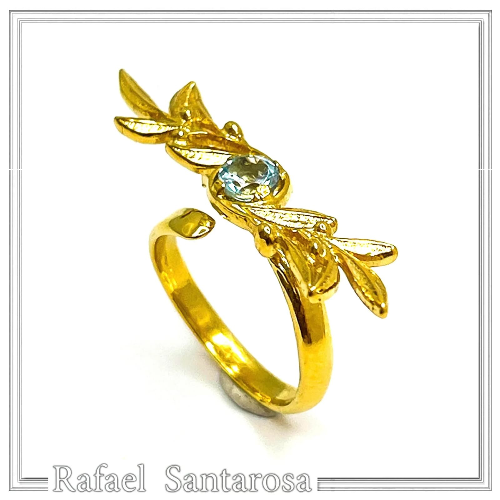 Olive Branch Adjustable Floral Ring: Natural Sky-Blue Topaz, 18K Gold Filled Sterling Silver Ring — Rings from Rafael Santarosa Fine Jewelry