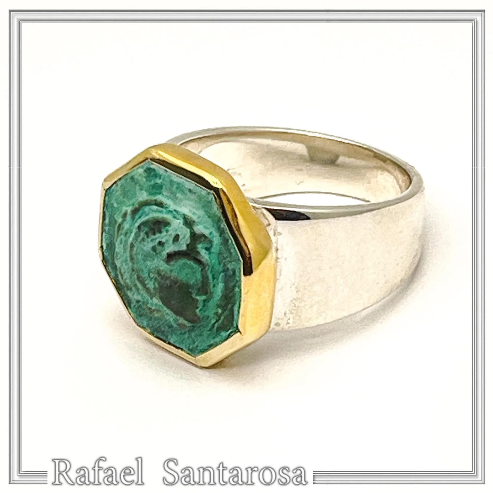 Alexander the Greek Coin Ring, 14K Gold Bezel, Oxidised Copper, Sterling Silver Band, Museum Jewelry — Rings from Rafael Santarosa Fine Jewelry